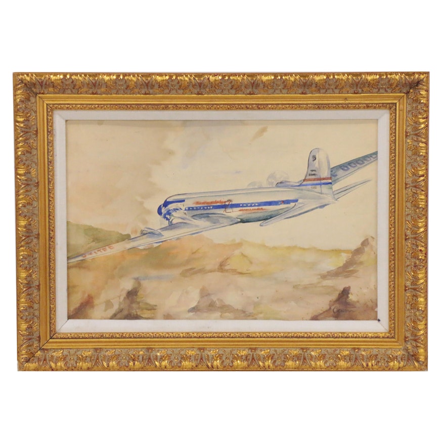 Watercolor Painting of United Airplane, Late 20th Century