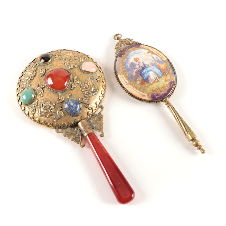 East Asian Stone Decorated Hand Mirror and Gilt Enamel Hand Mirror