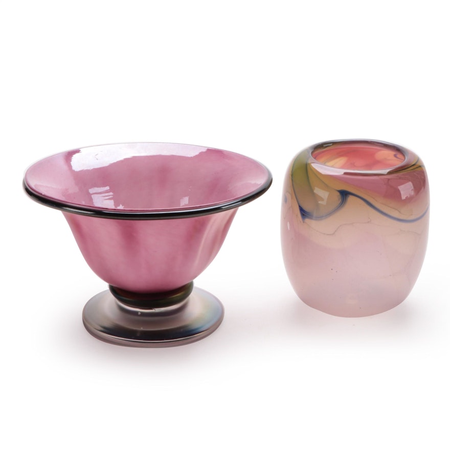 Herb A. Thomas Iridescent Pink Bowl and Other Art Glass Vase, Late 20th Century