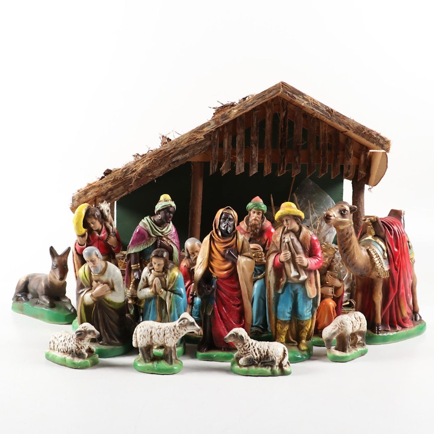 Hand-Painted Chalkware Nativity Set, Mid-20th Century