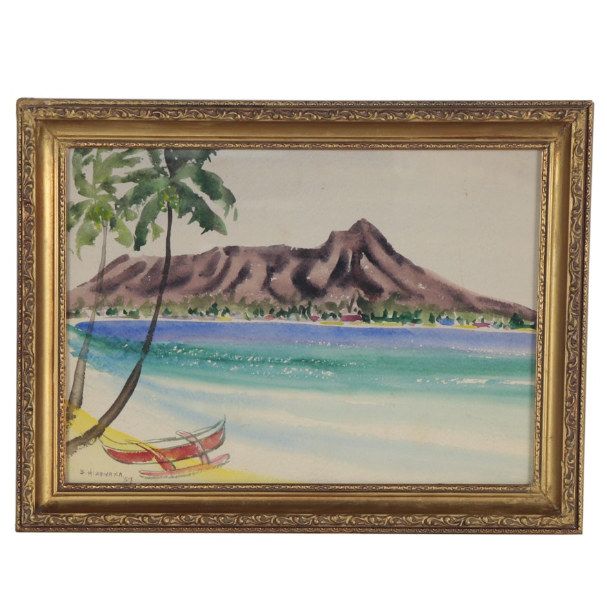 Sunao Hironaka Watercolor Painting of Hawai'i Landscape, 1957