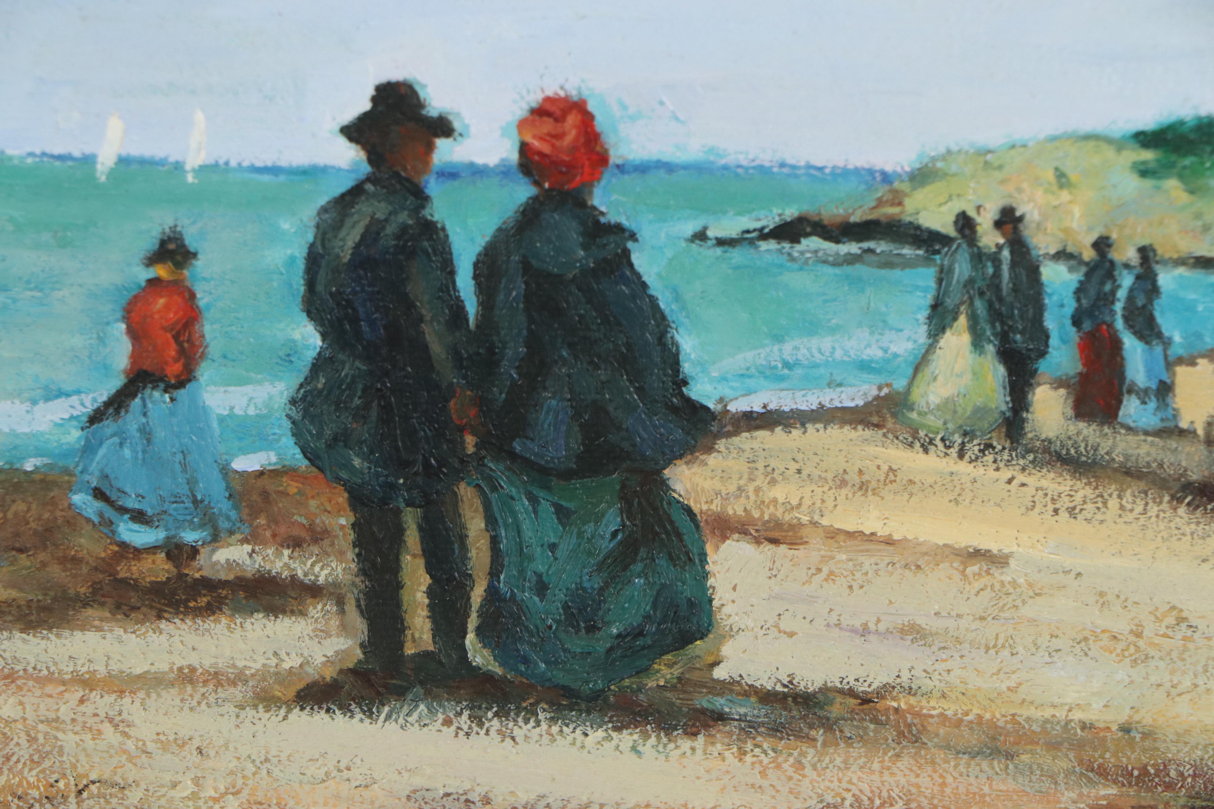 Beach Scene Oil Painting, Late 20th Century