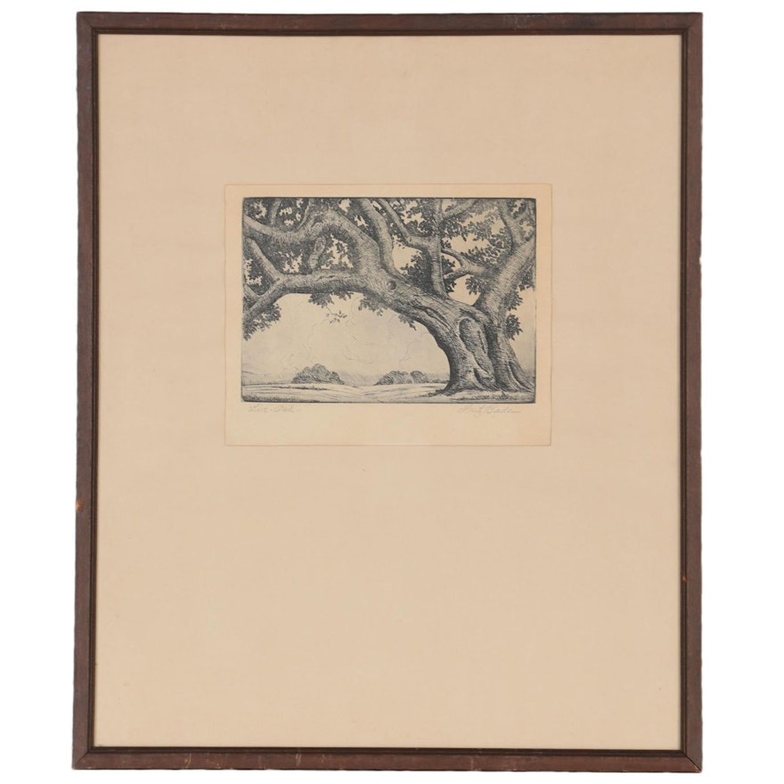 Fritz Bade Etching "Live Oak," Mid 20th Century