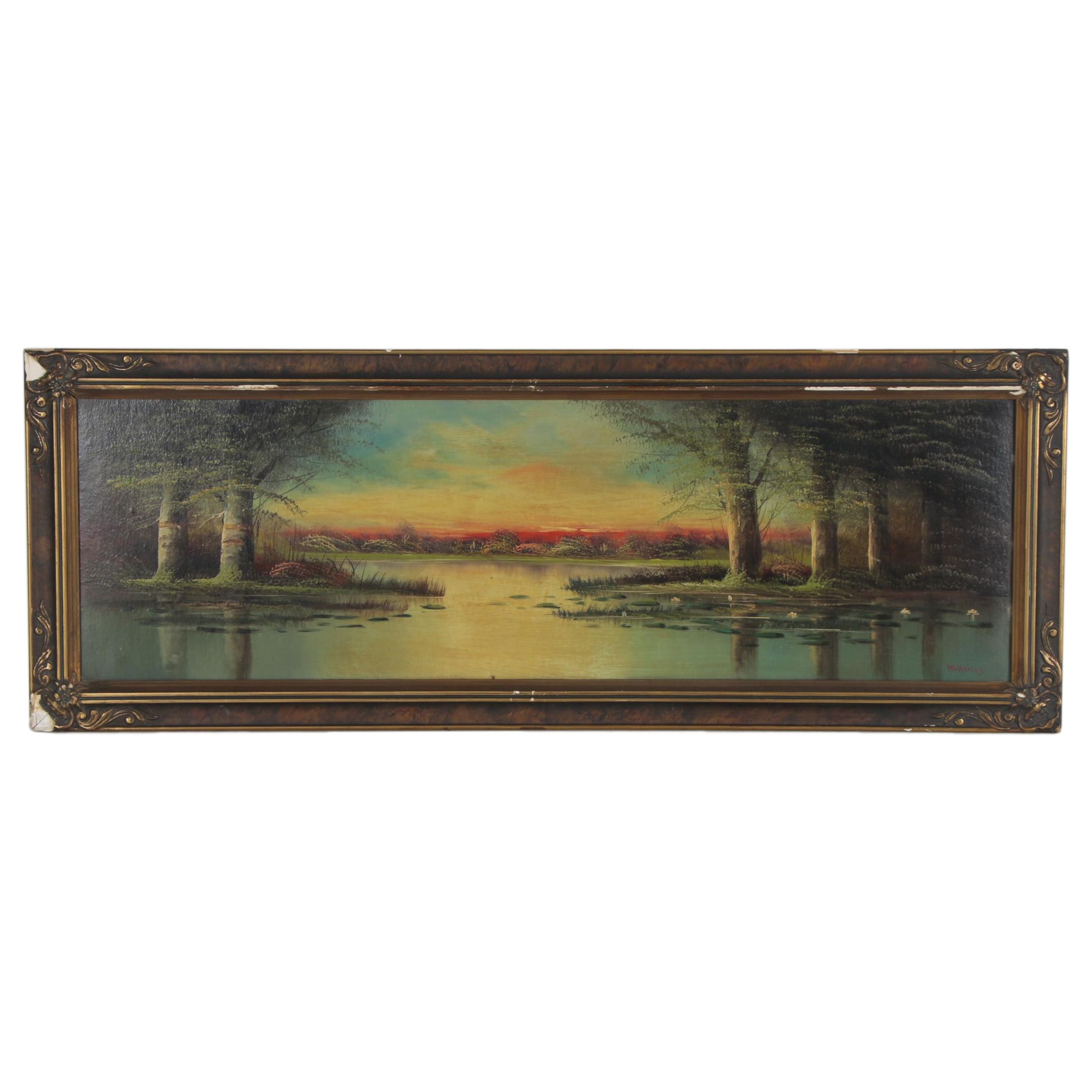 H.L. Herley Landscape Oil Painting of Lake at Sunset, Early 20th Century