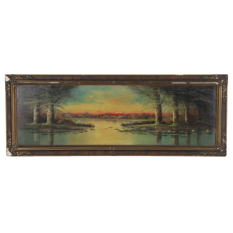 H.L. Herley Landscape Oil Painting of Lake at Sunset, Early 20th Century