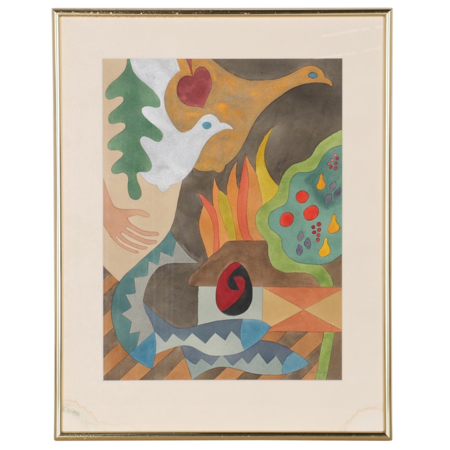 Embellished Abstract Watercolor Painting, Late 20th Century