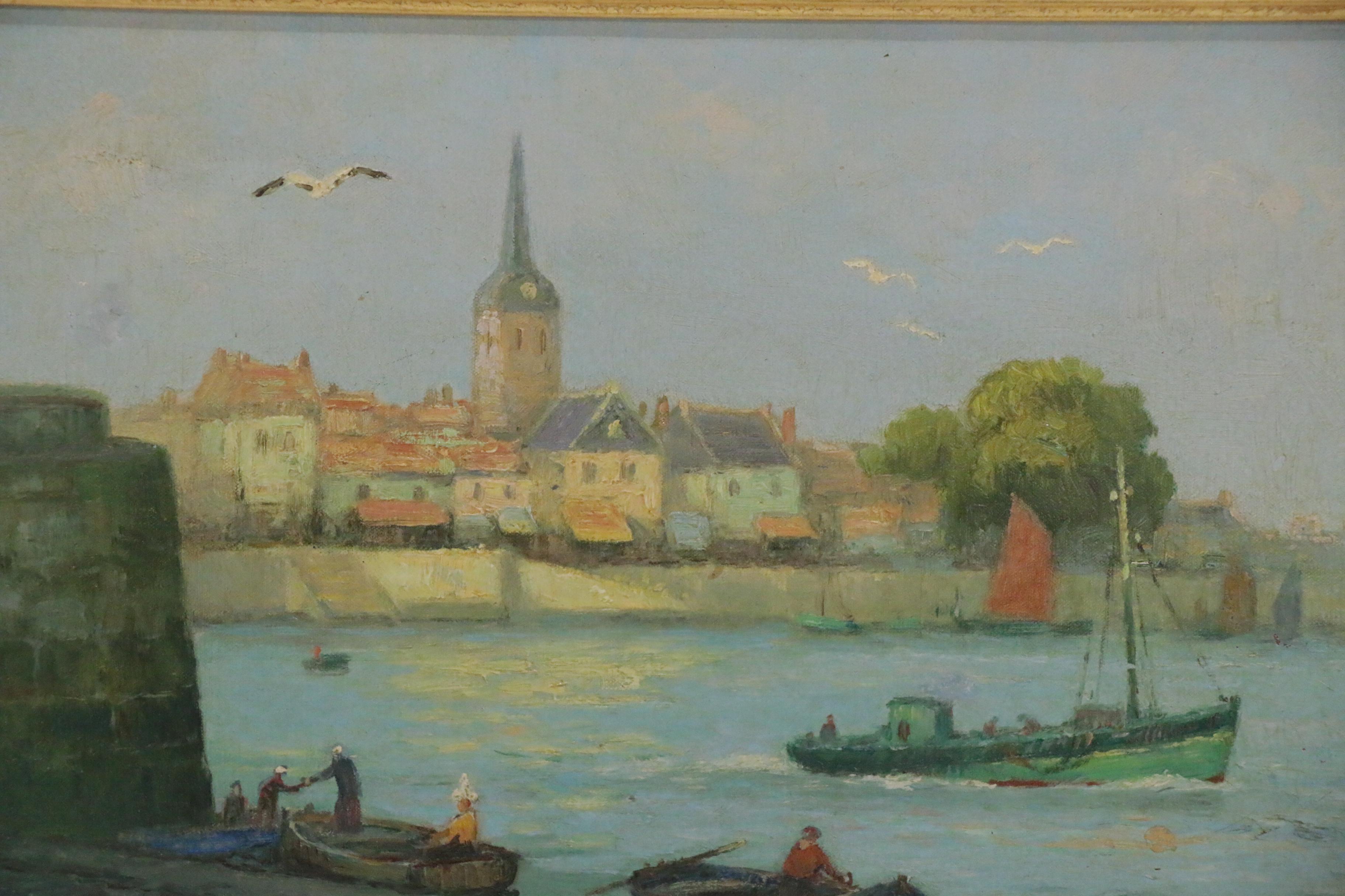 Lucien Bessonnat Oil Painting of European Harbor, Mid-20th Century