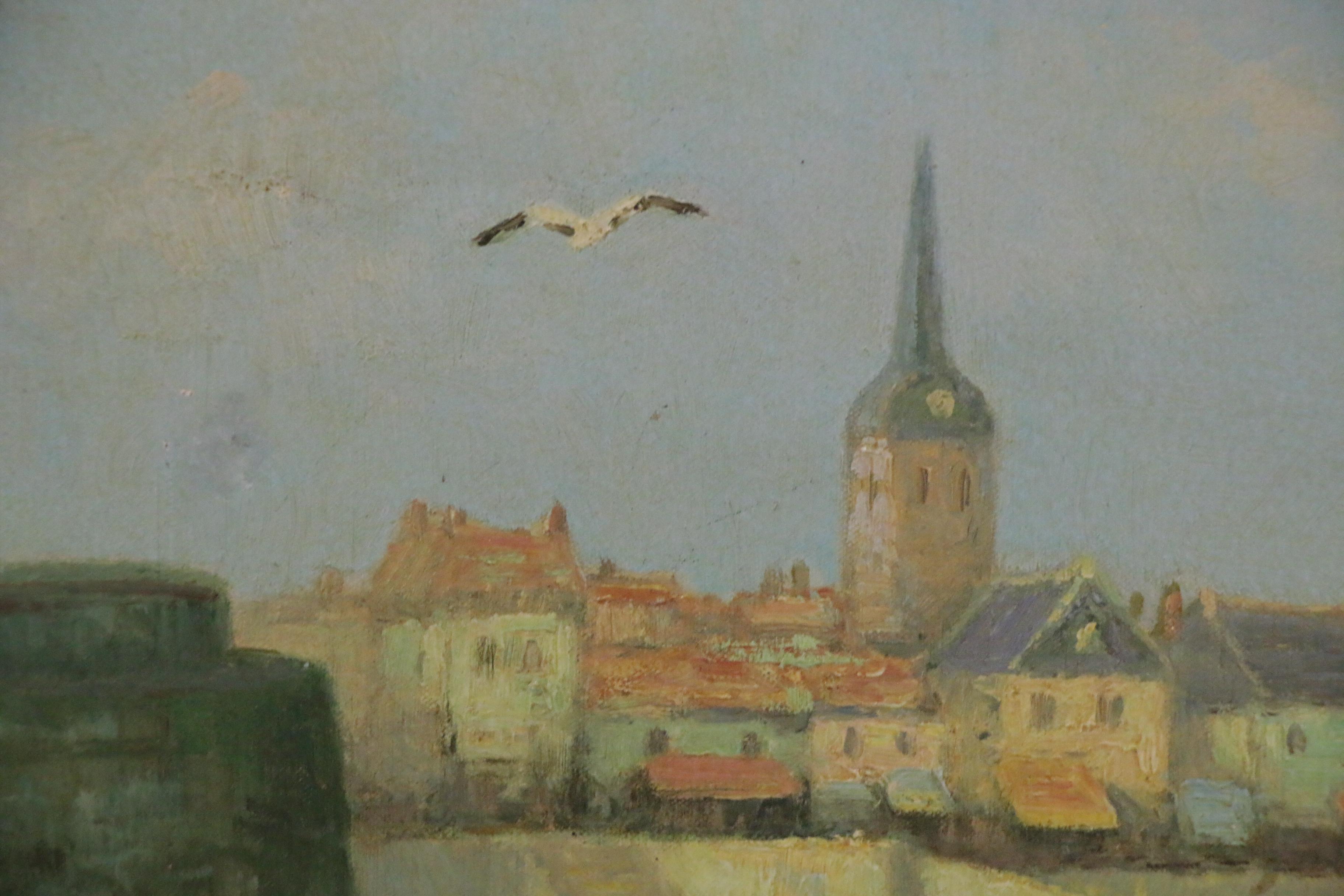 Lucien Bessonnat Oil Painting of European Harbor, Mid-20th Century