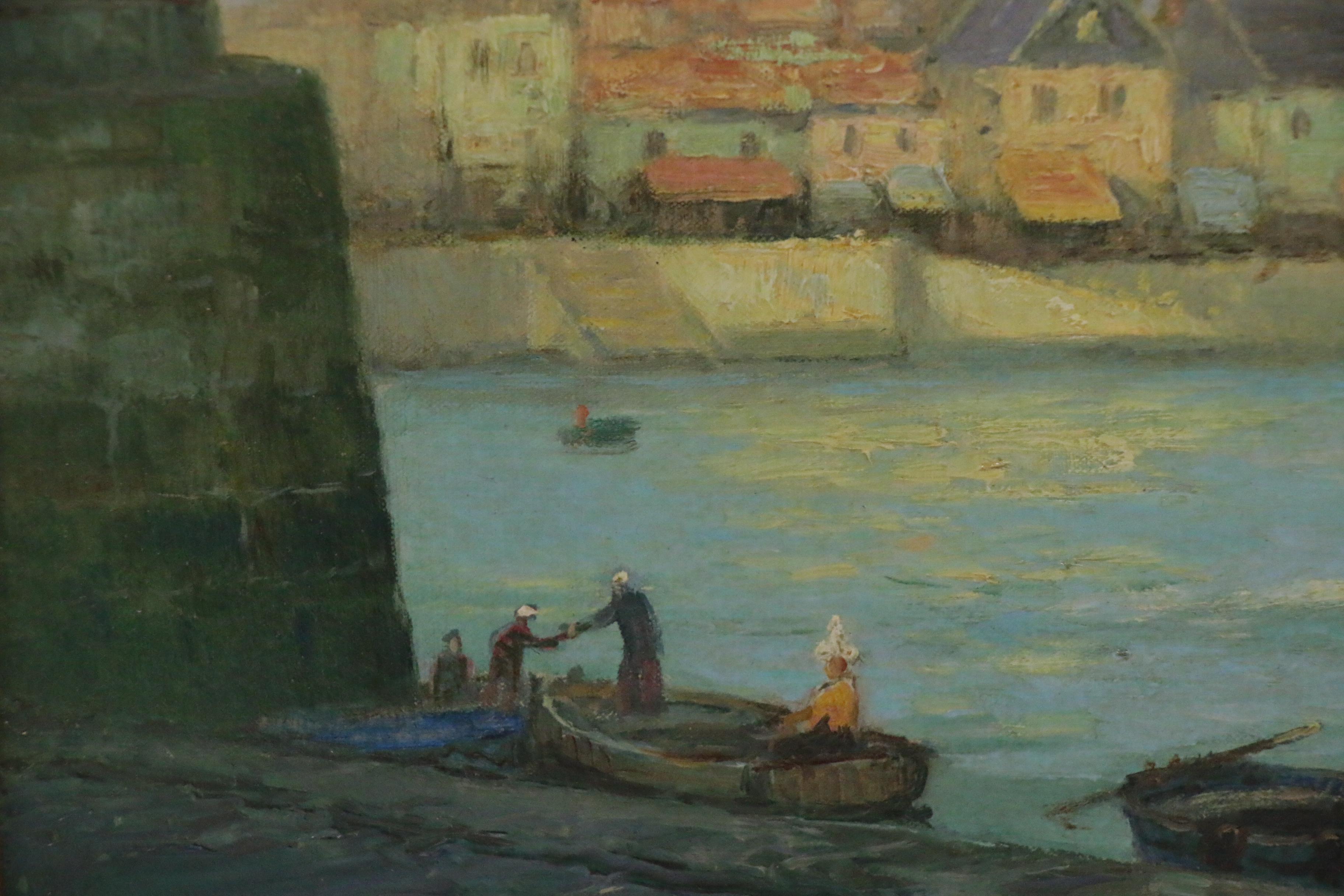 Lucien Bessonnat Oil Painting of European Harbor, Mid-20th Century
