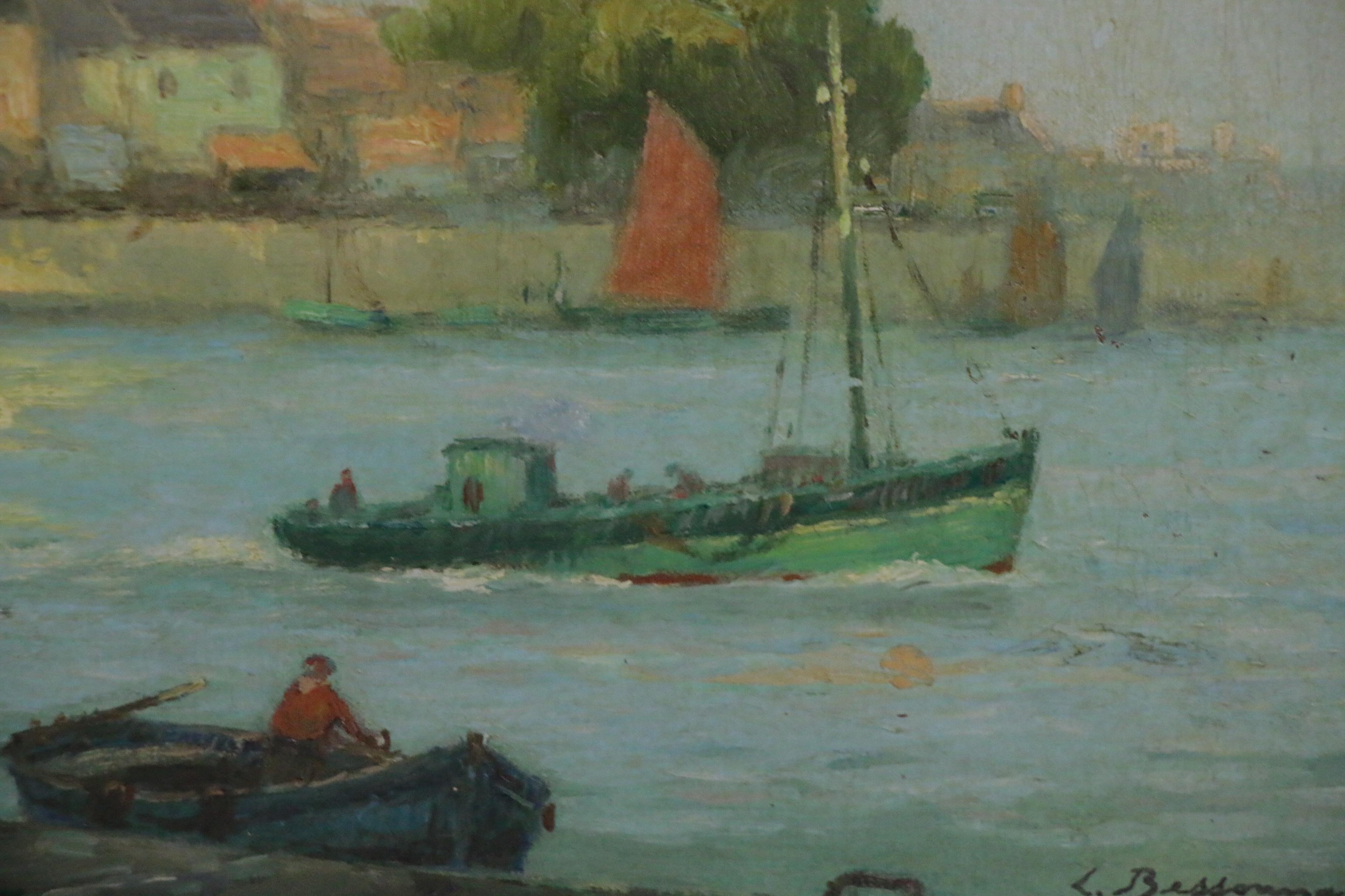 Lucien Bessonnat Oil Painting of European Harbor, Mid-20th Century