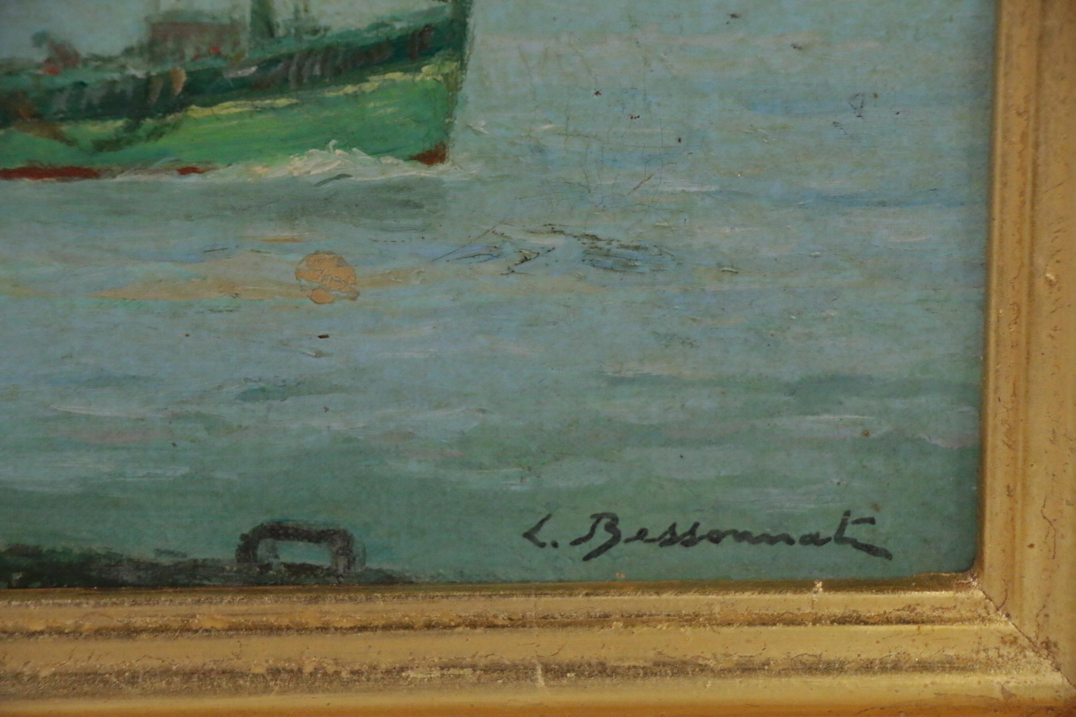 Lucien Bessonnat Oil Painting of European Harbor, Mid-20th Century