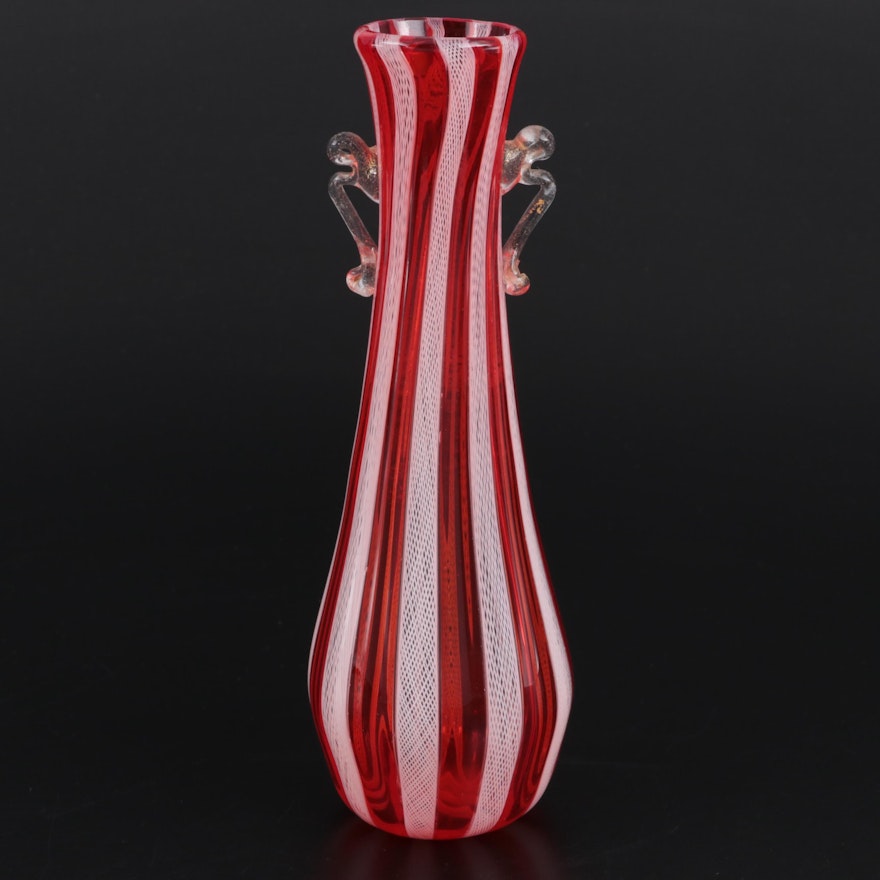 Murano Red and White Latticino Glass Vase, Mid to Late 20th Century