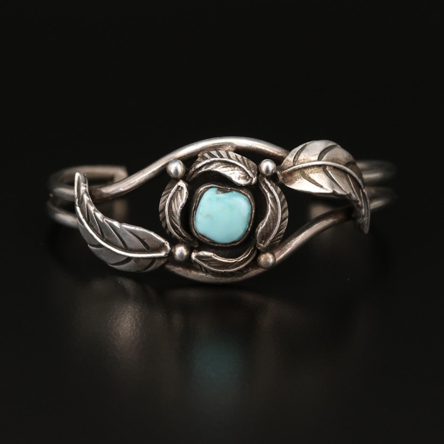 Sterling Silver Turquoise Cuff with Leaf Accent