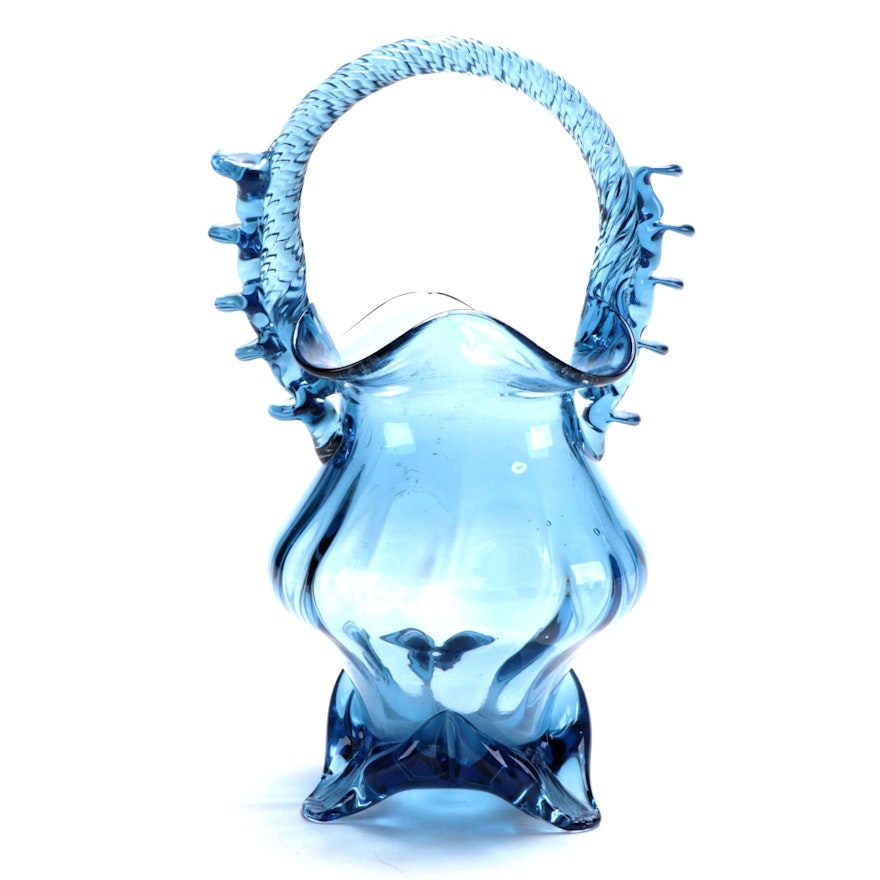 Blue Blown Glass Basket Vase with Applied Rigaree Handle, Mid-20th Century