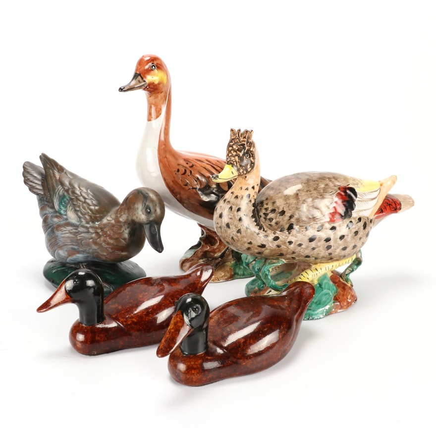 Italian Majolica Hand Painted Ceramic Ducks and Other Duck Figurines