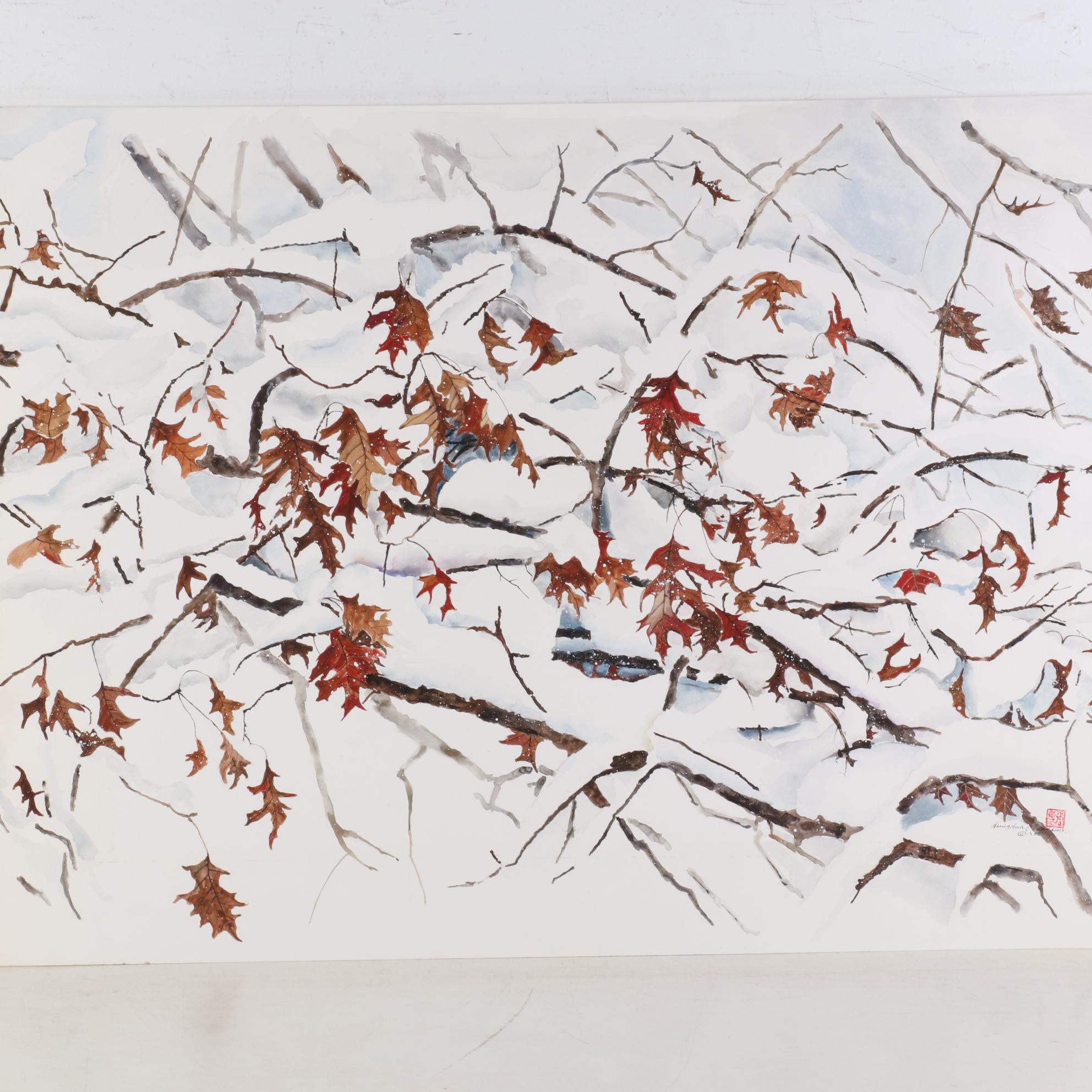Hsing Hua Chang Watercolor Painting of Oak Tree in Winter, Late 20th Century