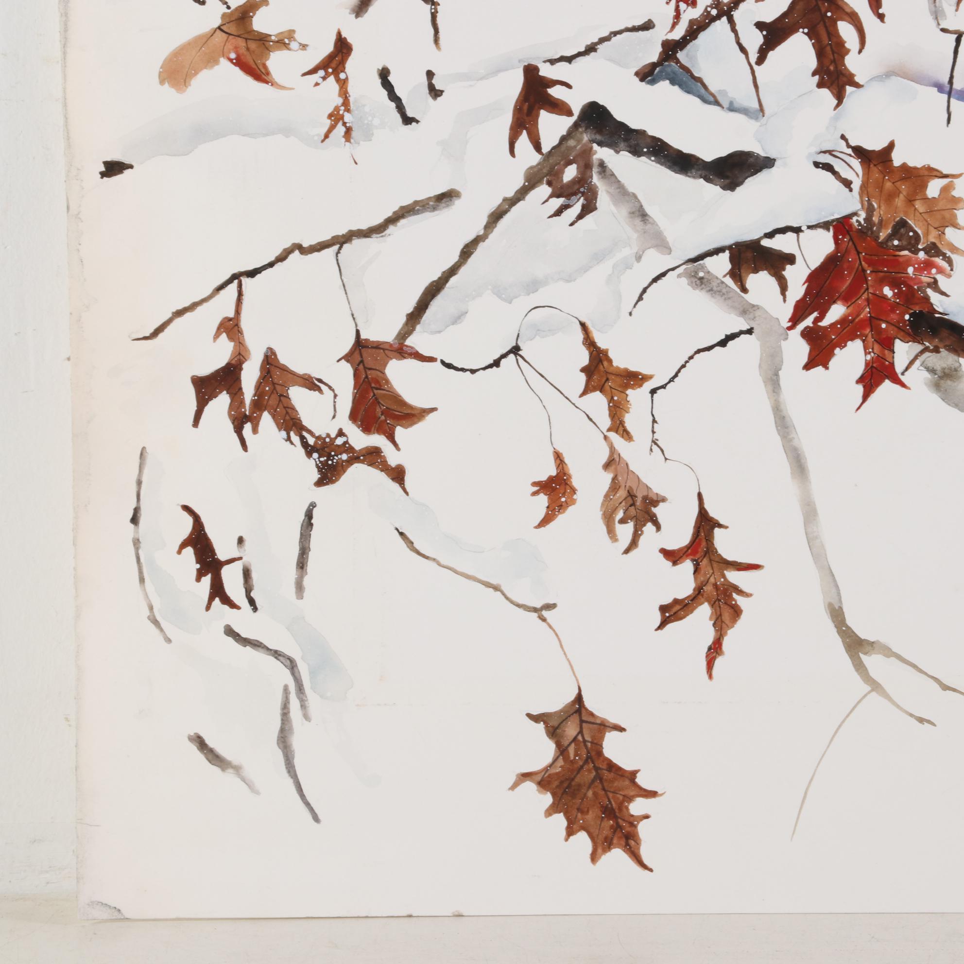 Hsing Hua Chang Watercolor Painting of Oak Tree in Winter, Late 20th Century