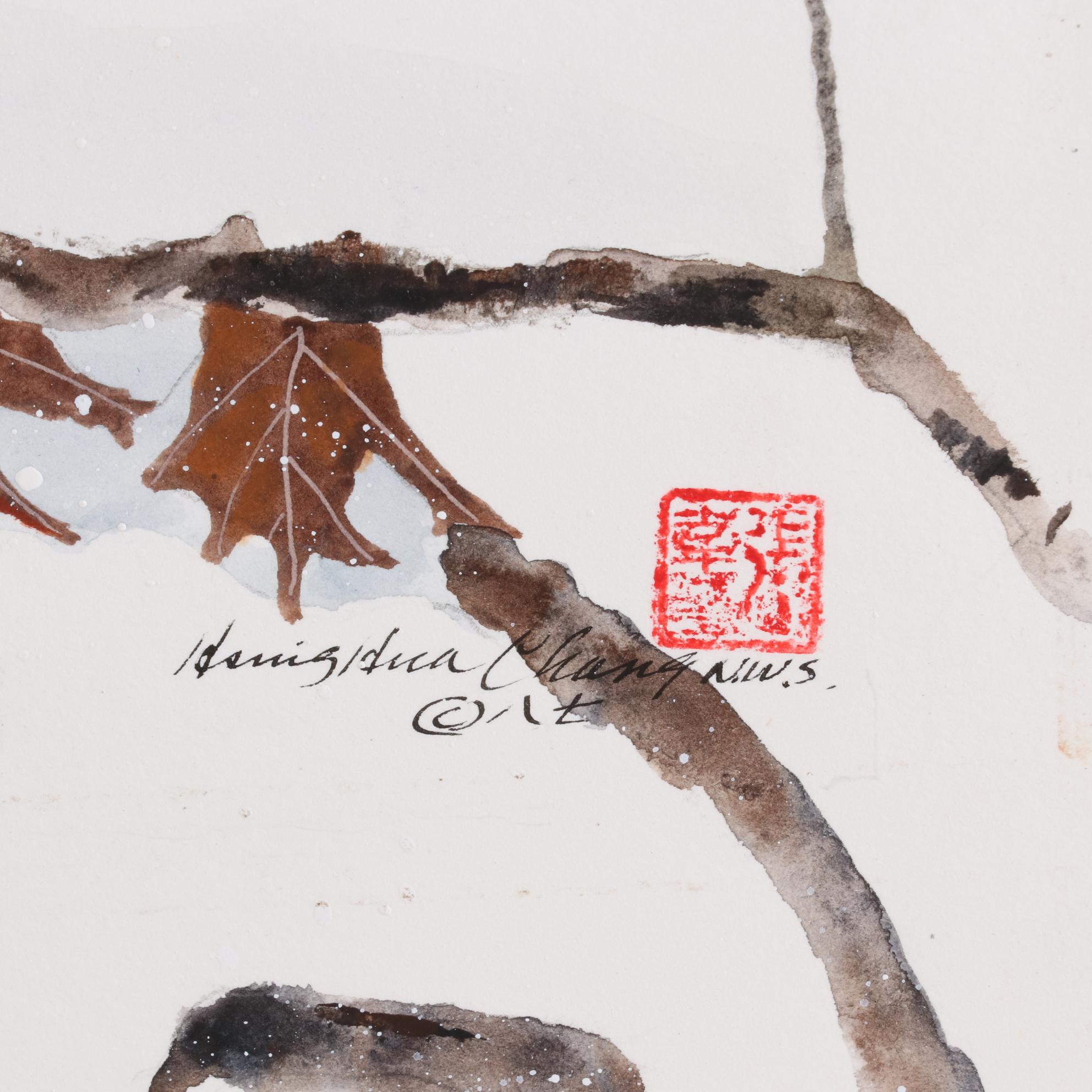 Hsing Hua Chang Watercolor Painting of Oak Tree in Winter, Late 20th Century