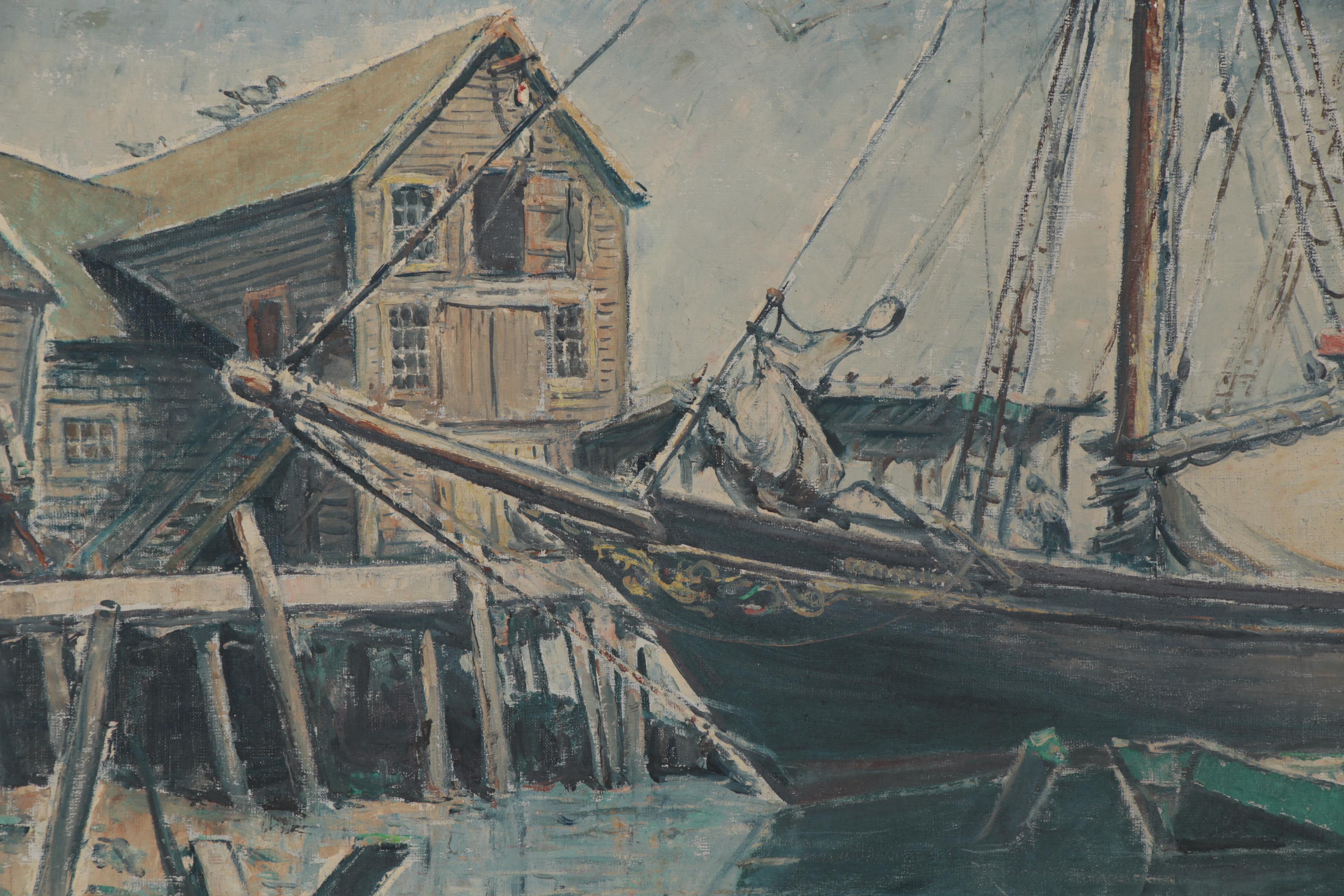 William Fisher Oil Painting of Harbor Scene, Early 20th Century