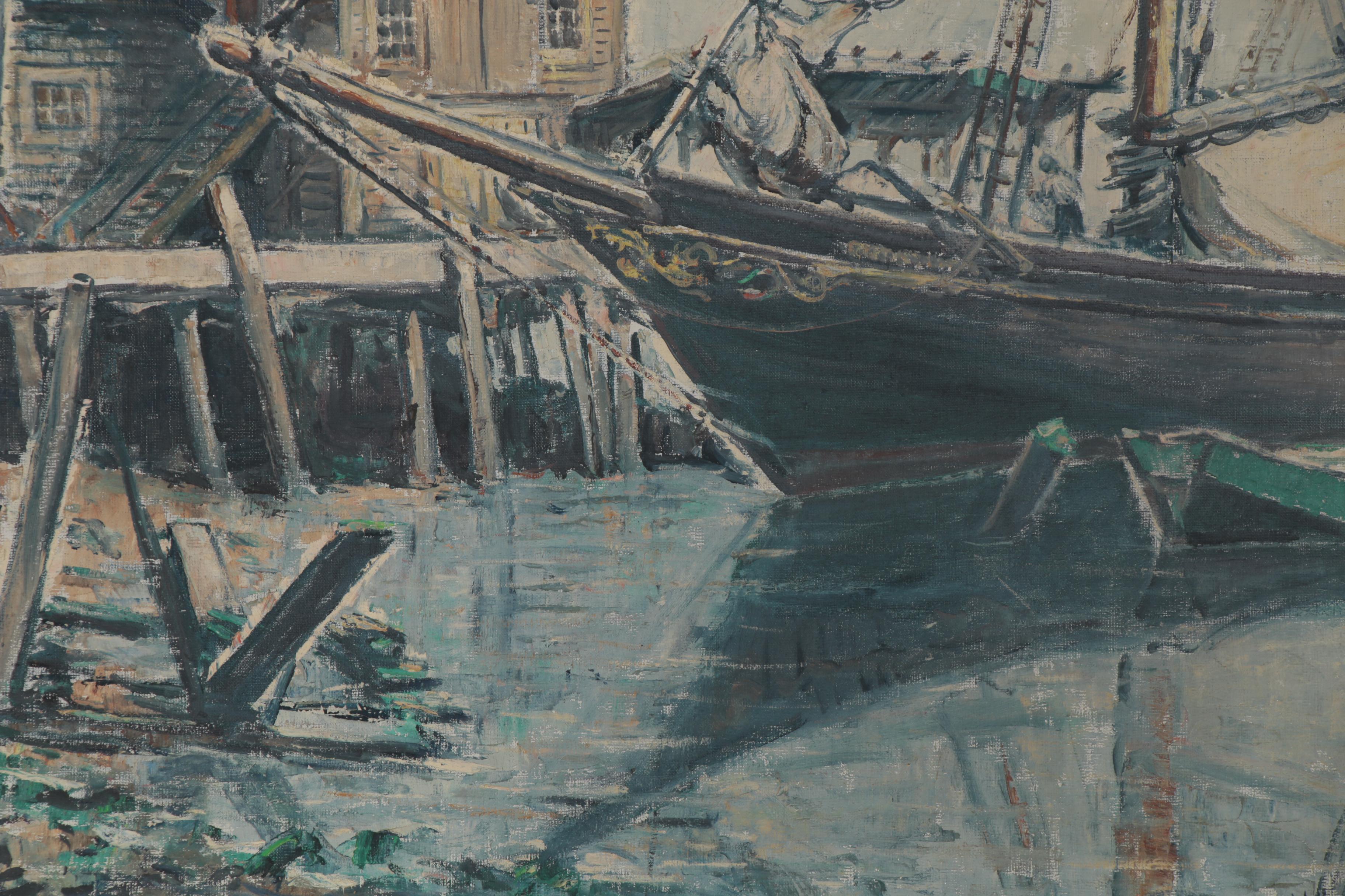 William Fisher Oil Painting of Harbor Scene, Early 20th Century