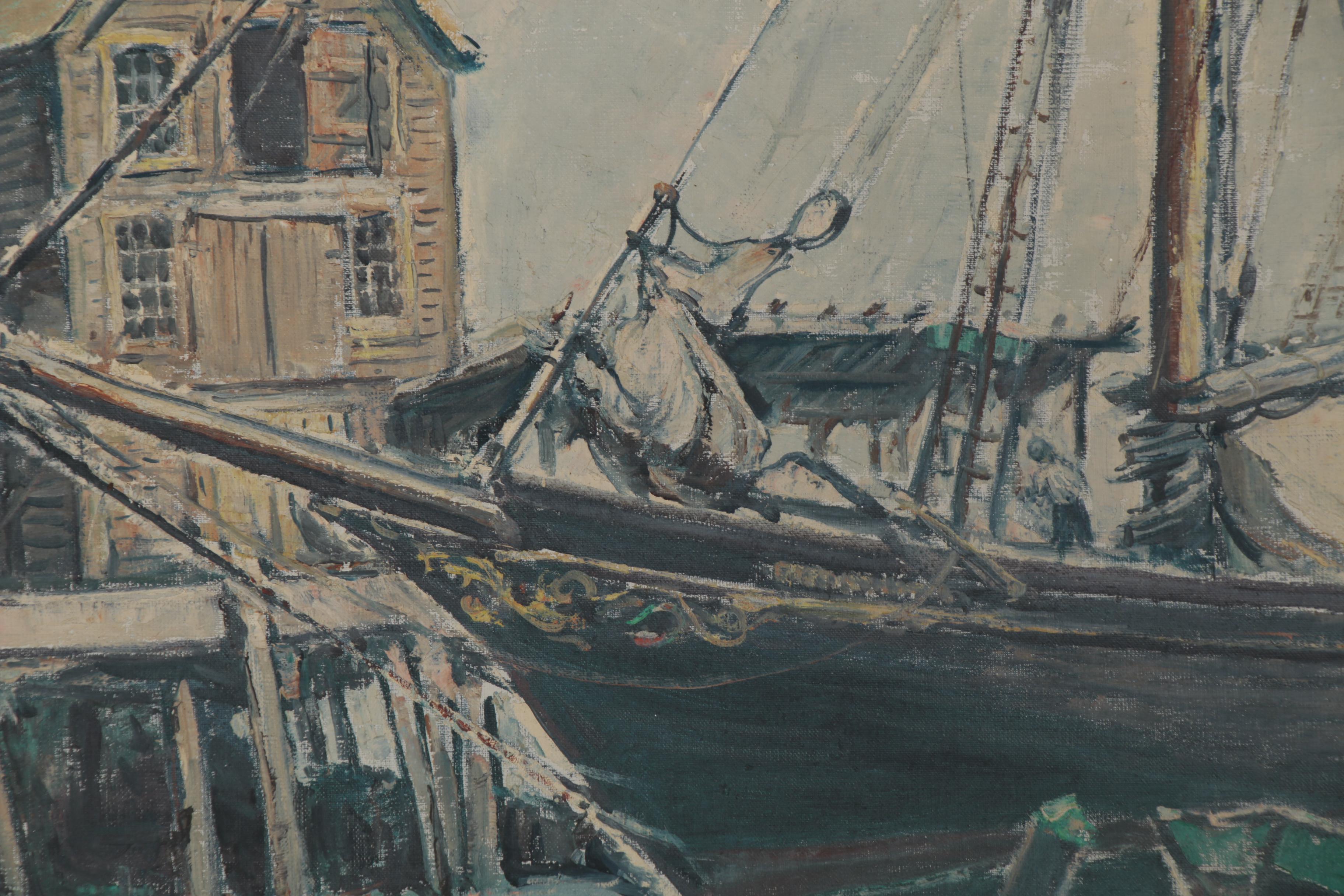 William Fisher Oil Painting of Harbor Scene, Early 20th Century