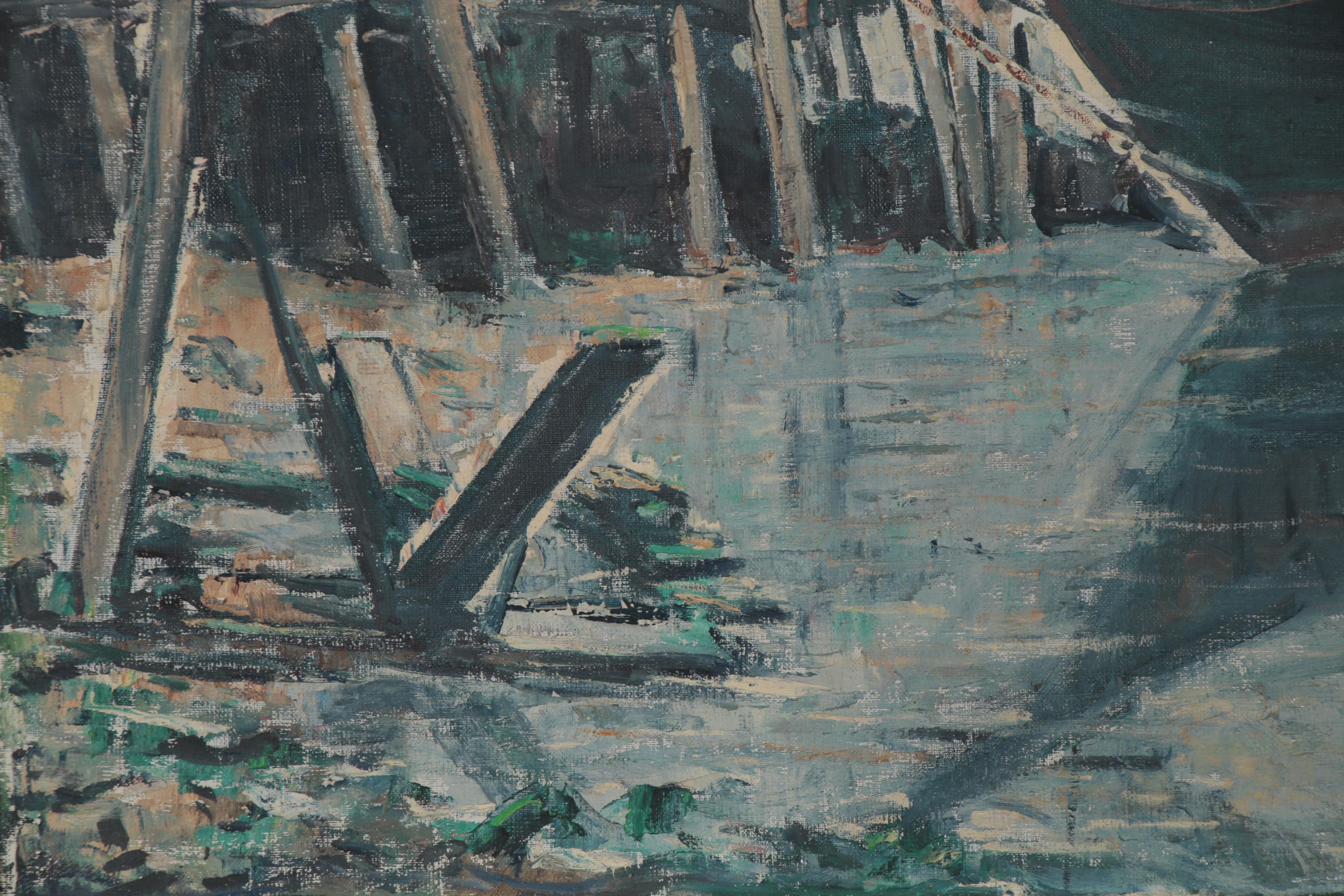 William Fisher Oil Painting of Harbor Scene, Early 20th Century