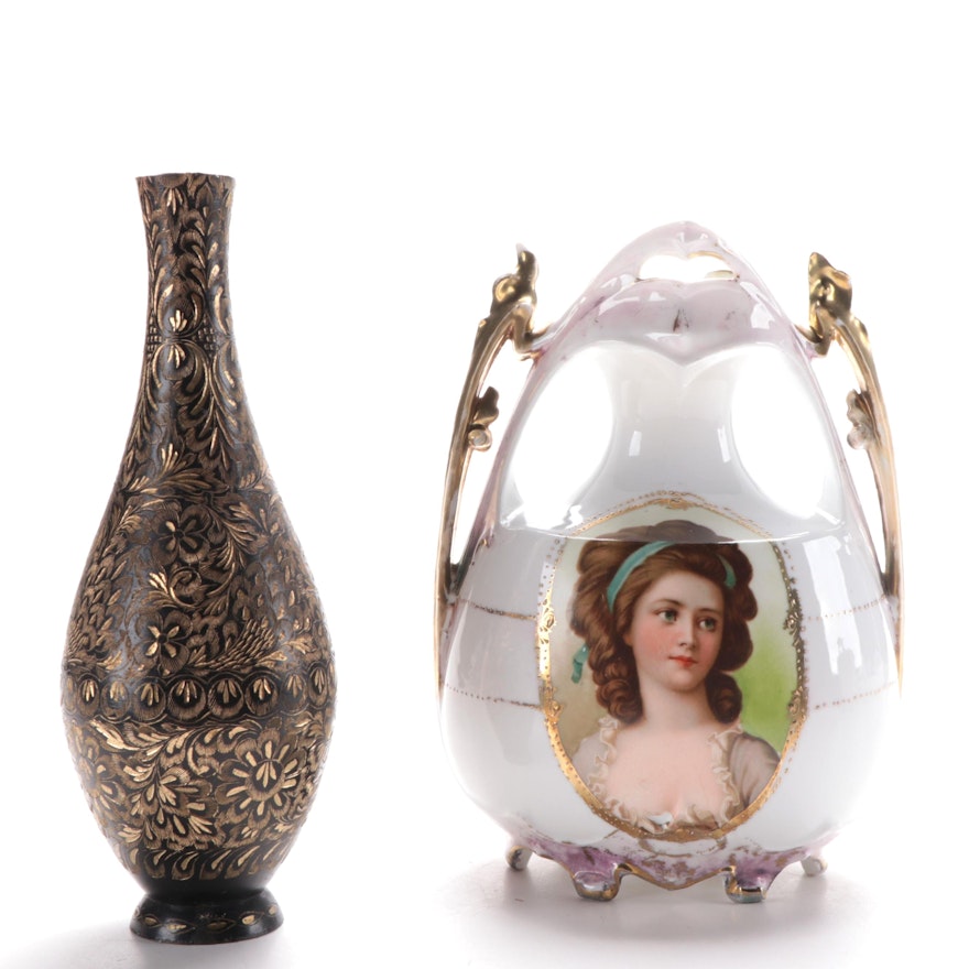 German Porcelain Portrait Vase and Indian Chased Metal Vase, 20th Century