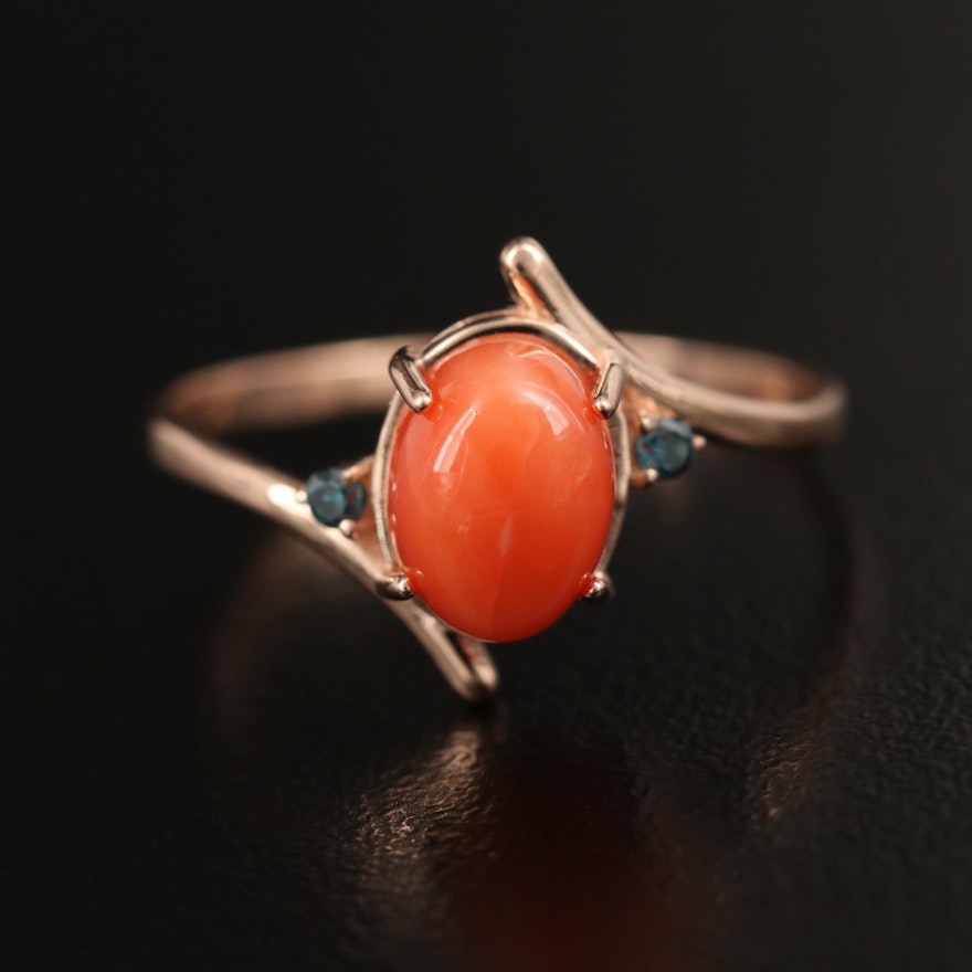 14K Coral Bypass Ring with Diamond Accents