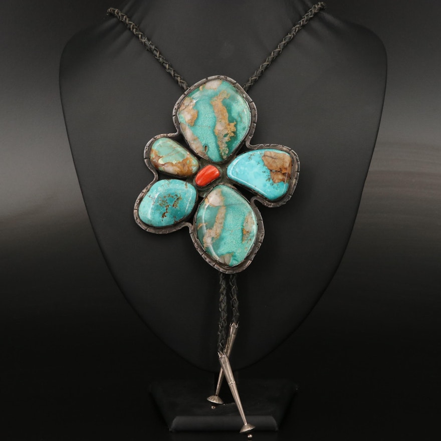 Western Sterling Turquoise and Coral Bolo Tie
