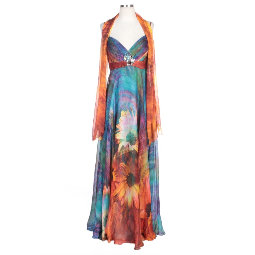 Alberto Makali Printed Floral Silk Sleeveless Gown and Scarf