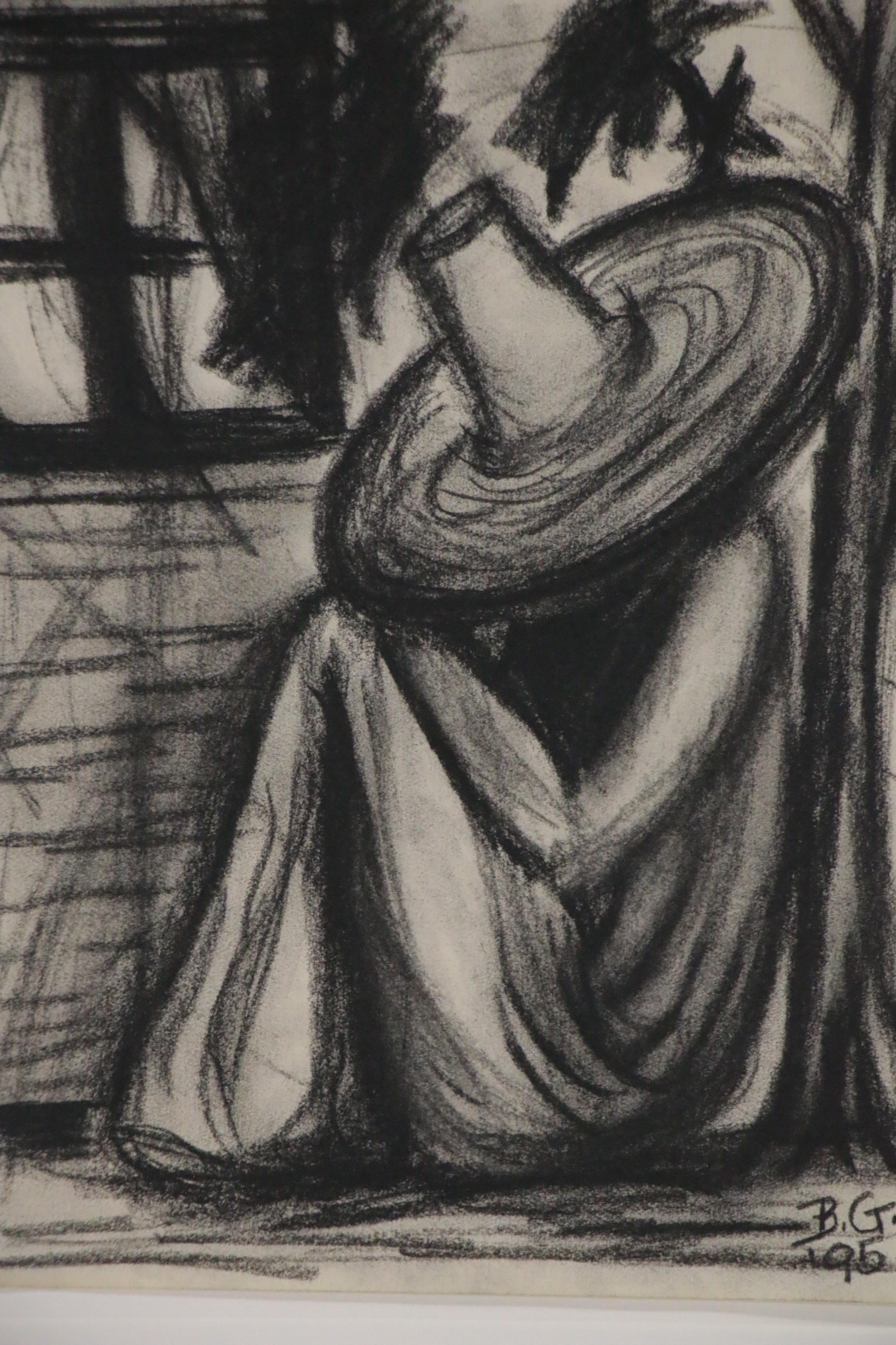 Barbara Grizzard-Barham Charcoal Drawing of Seated Figure with Hat, 1995