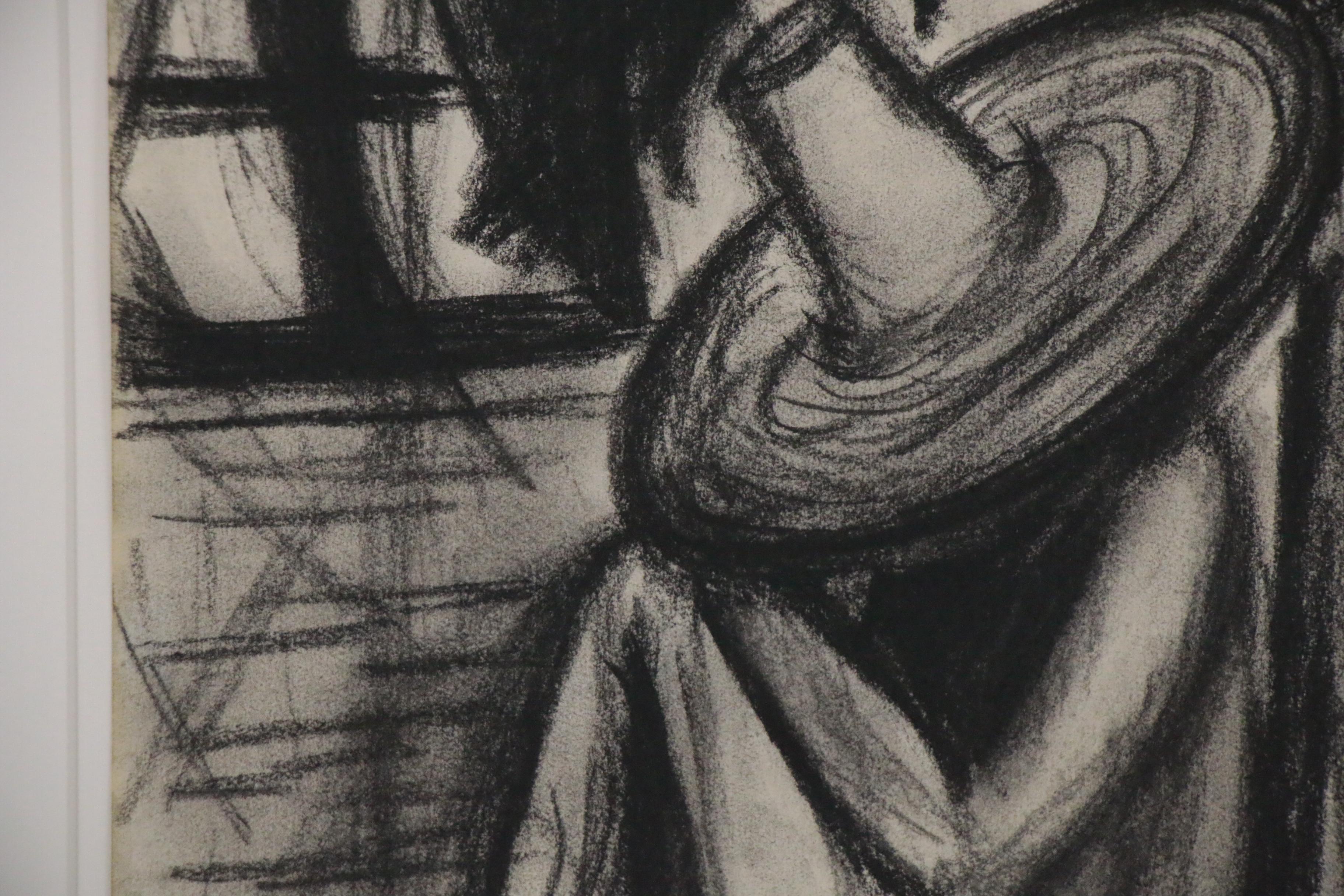 Barbara Grizzard-Barham Charcoal Drawing of Seated Figure with Hat, 1995