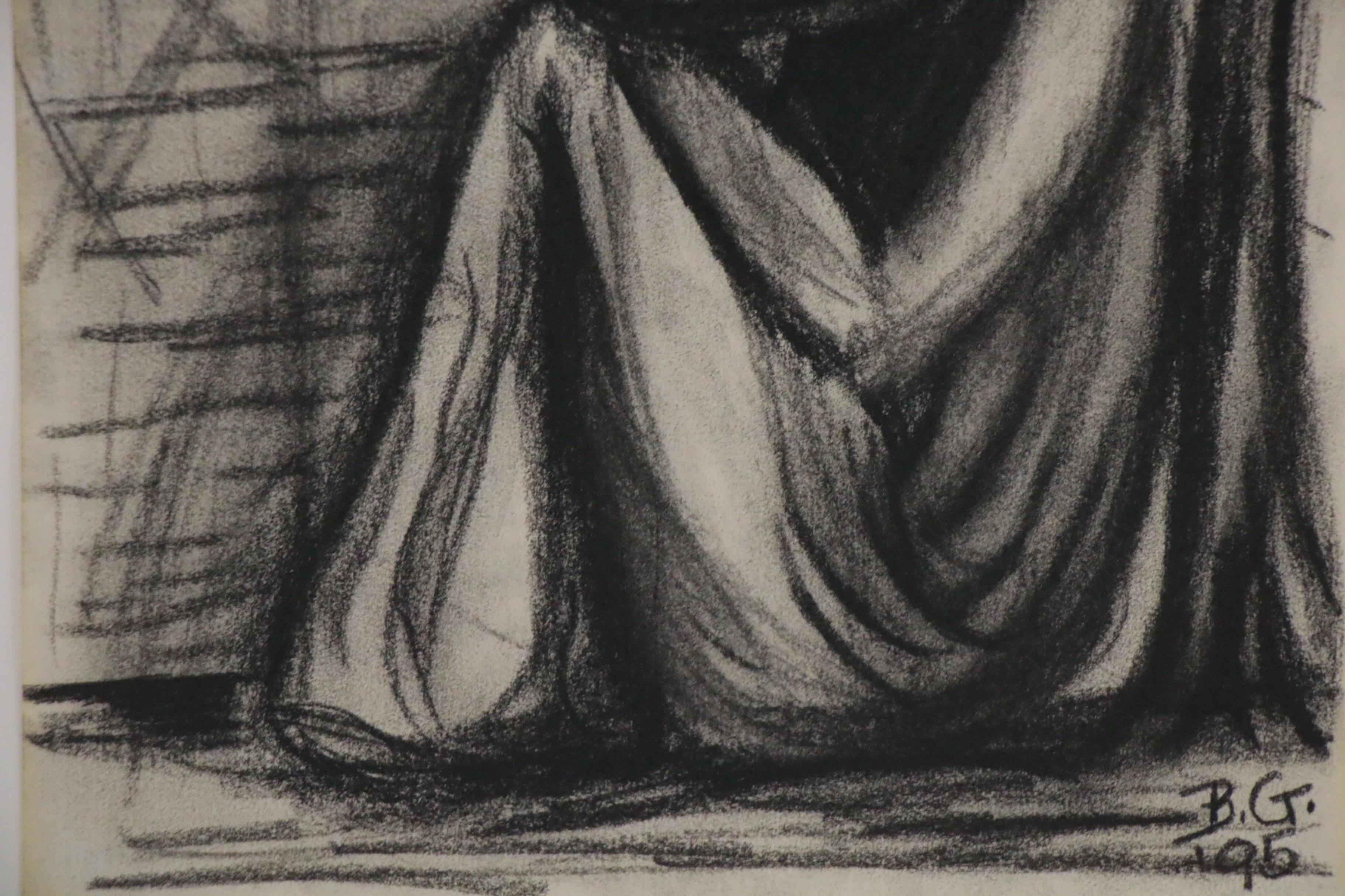 Barbara Grizzard-Barham Charcoal Drawing of Seated Figure with Hat, 1995