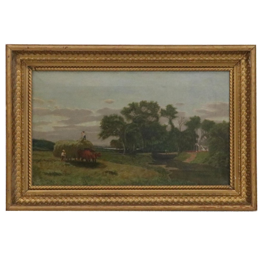 Pastoral Scene Oil Painting with Farmhouse, Early 20th Century
