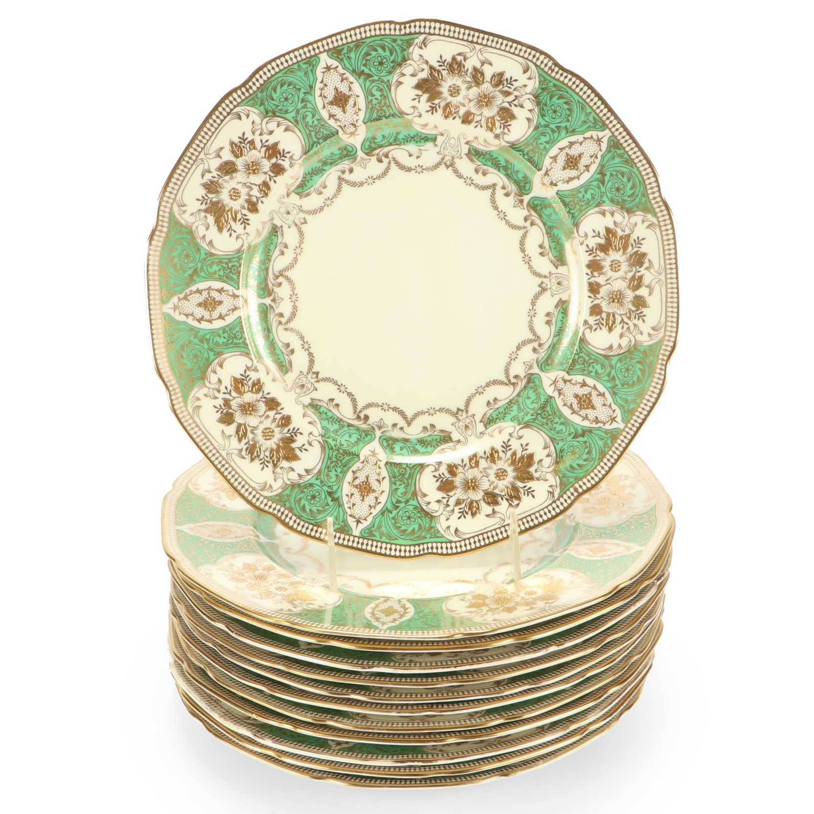 N.S.P. China Green and Gold Dinner Plates, Mid to Late 20th Century