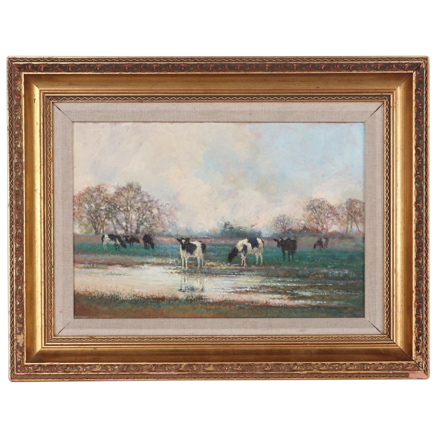 Pastoral Oil Painting of Cows, Late 20th Century