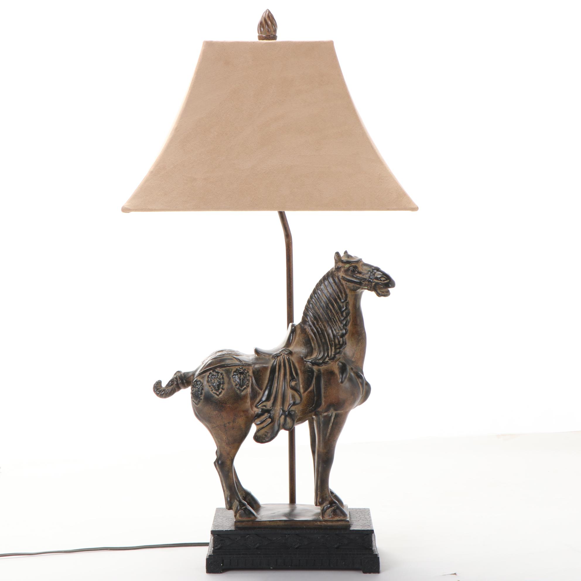 Patinated Tang Style Horse Table Lamp with Ultrasuede Lamp Shade