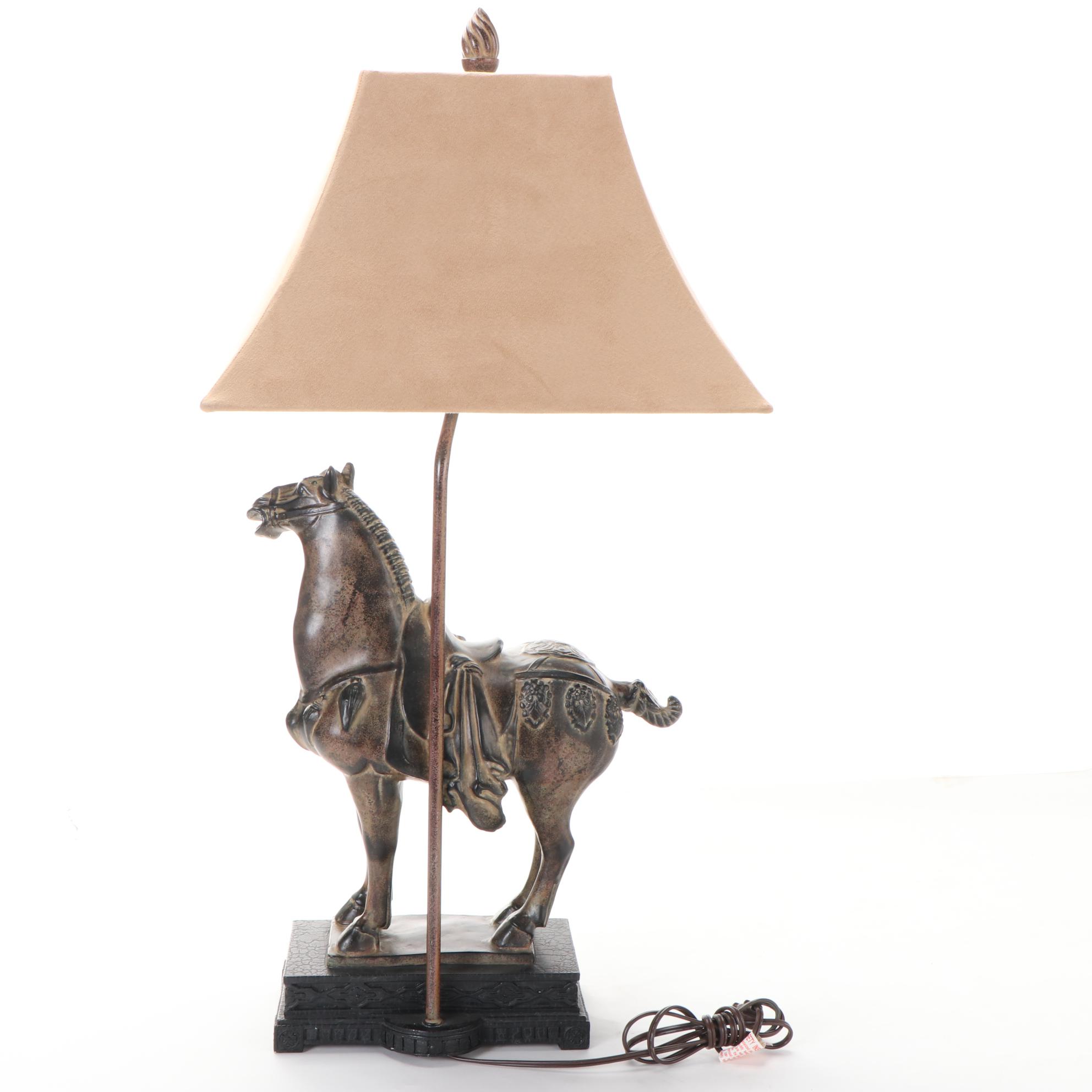 Patinated Tang Style Horse Table Lamp with Ultrasuede Lamp Shade