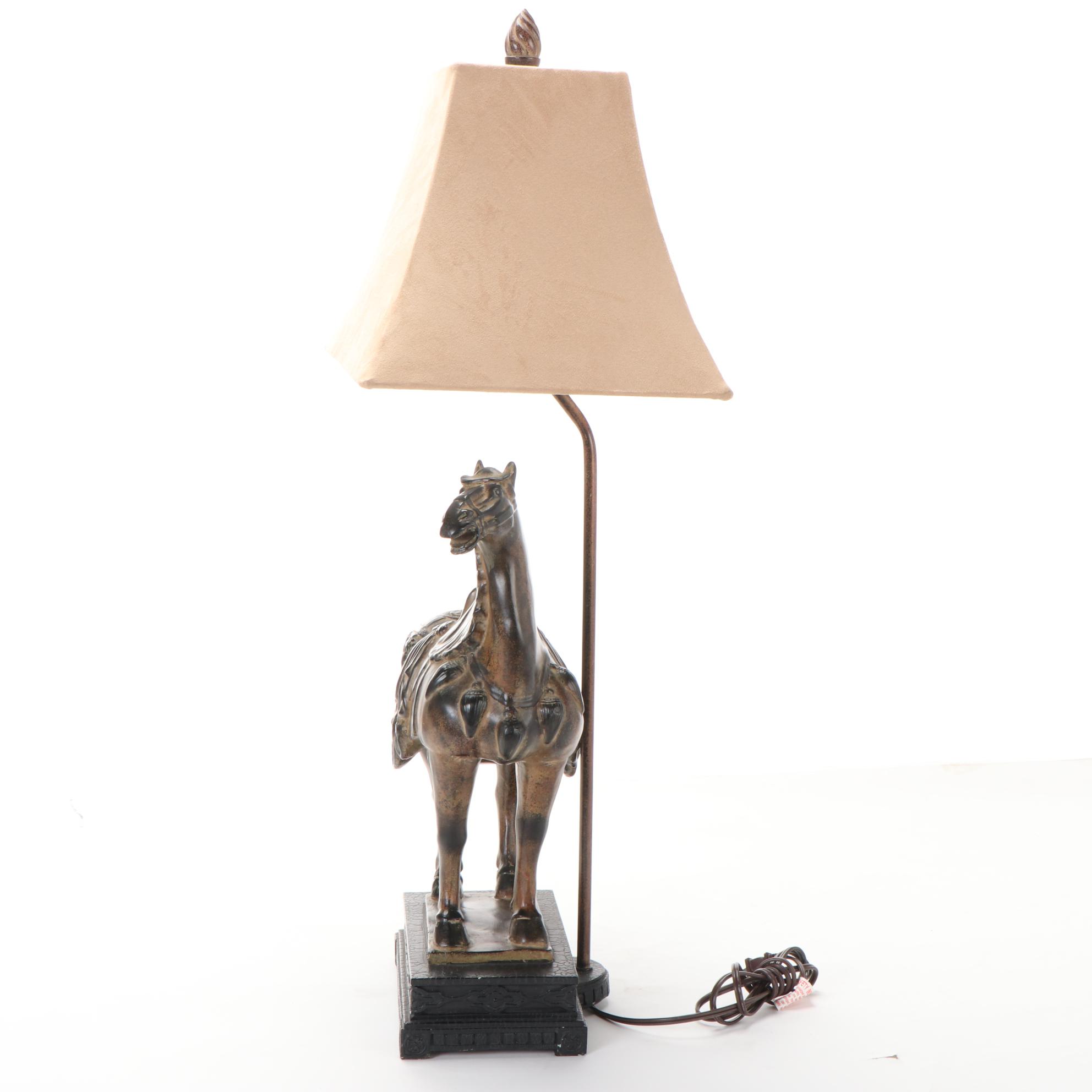 Patinated Tang Style Horse Table Lamp with Ultrasuede Lamp Shade