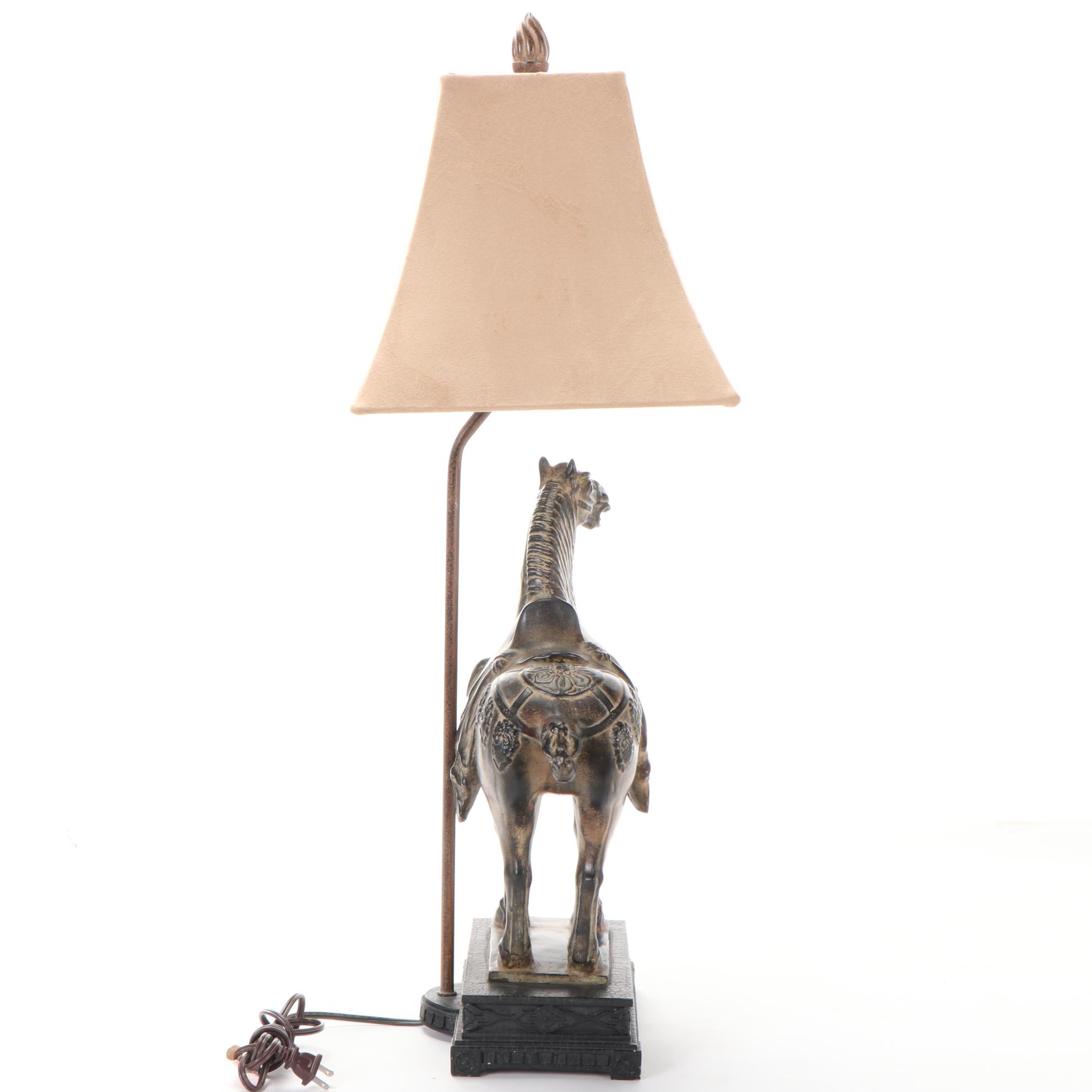 Patinated Tang Style Horse Table Lamp with Ultrasuede Lamp Shade