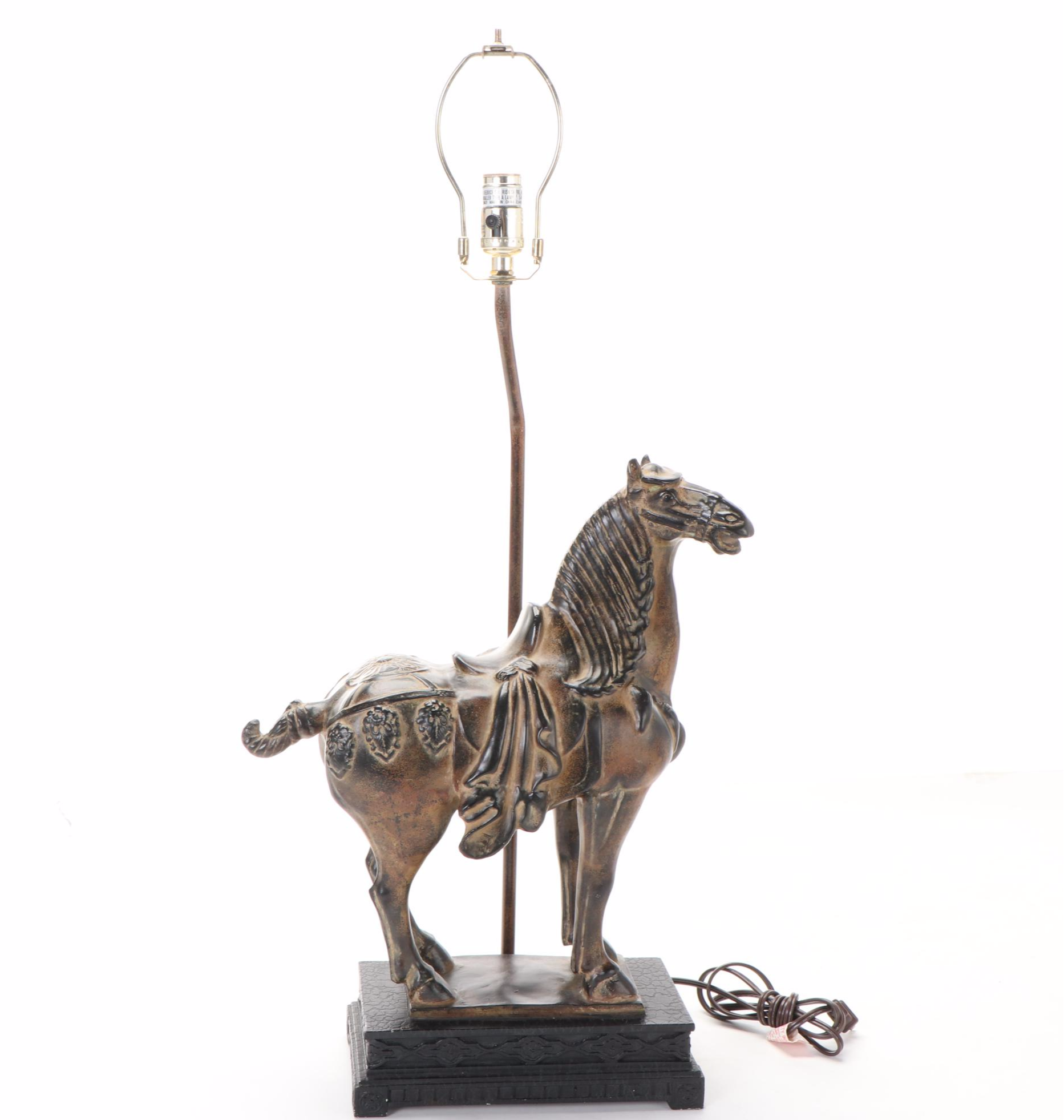 Patinated Tang Style Horse Table Lamp with Ultrasuede Lamp Shade