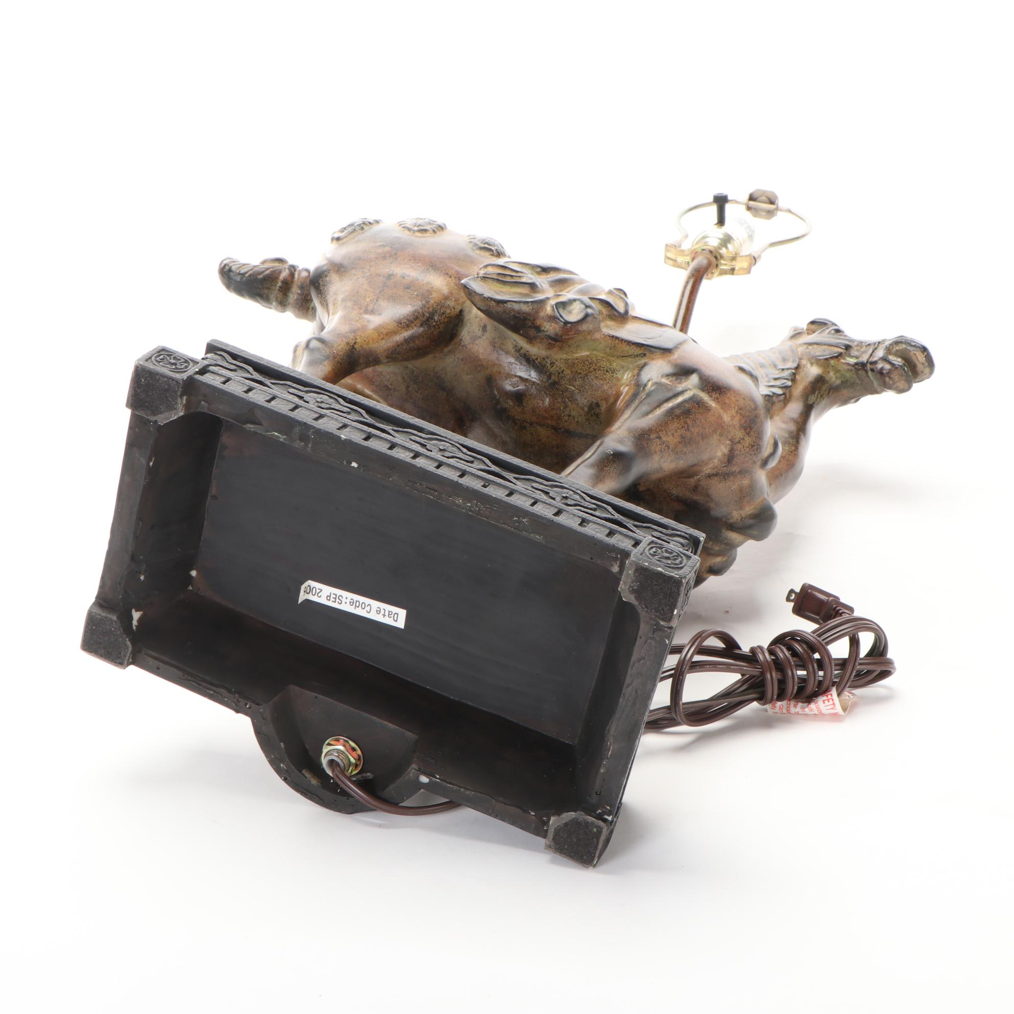 Patinated Tang Style Horse Table Lamp with Ultrasuede Lamp Shade