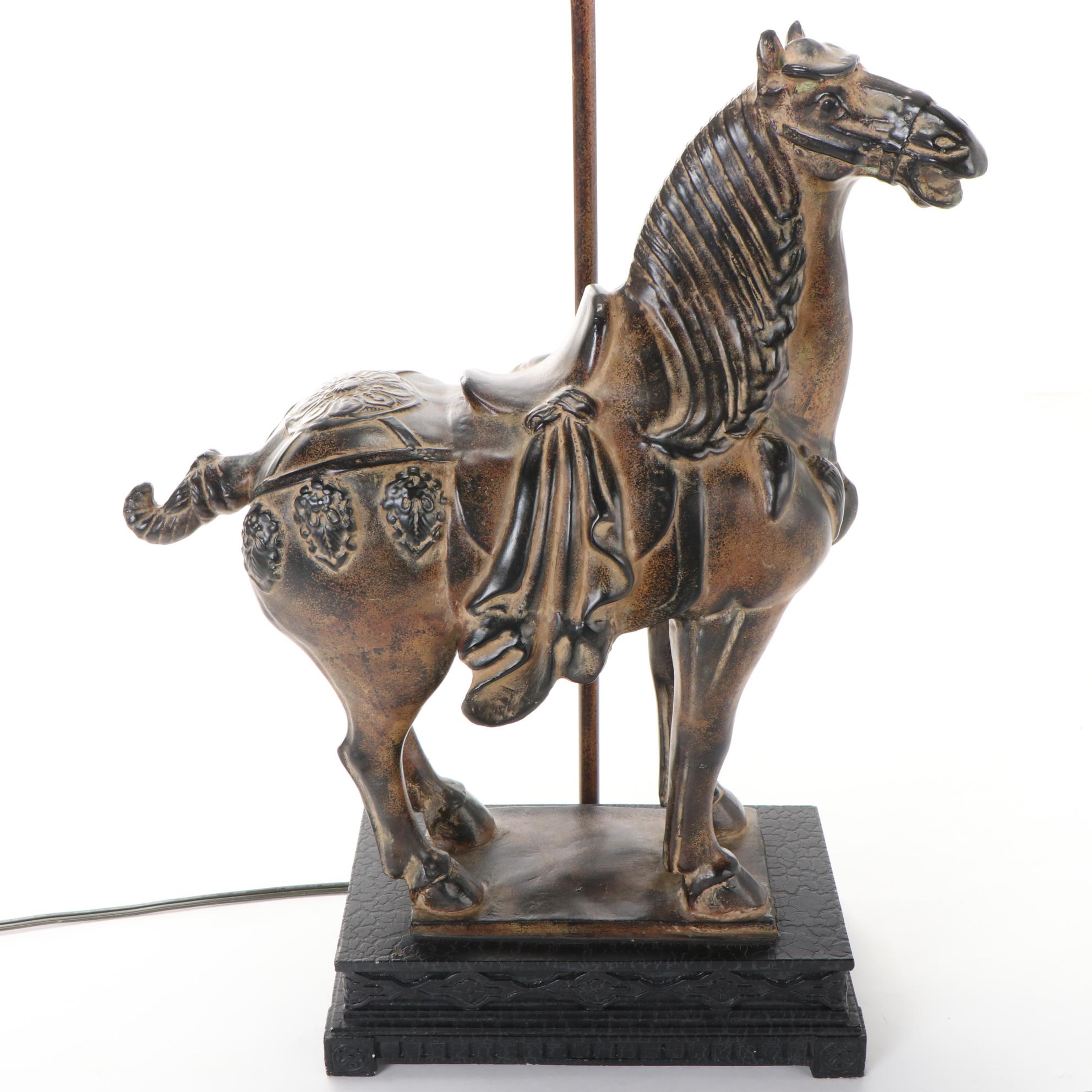 Patinated Tang Style Horse Table Lamp with Ultrasuede Lamp Shade