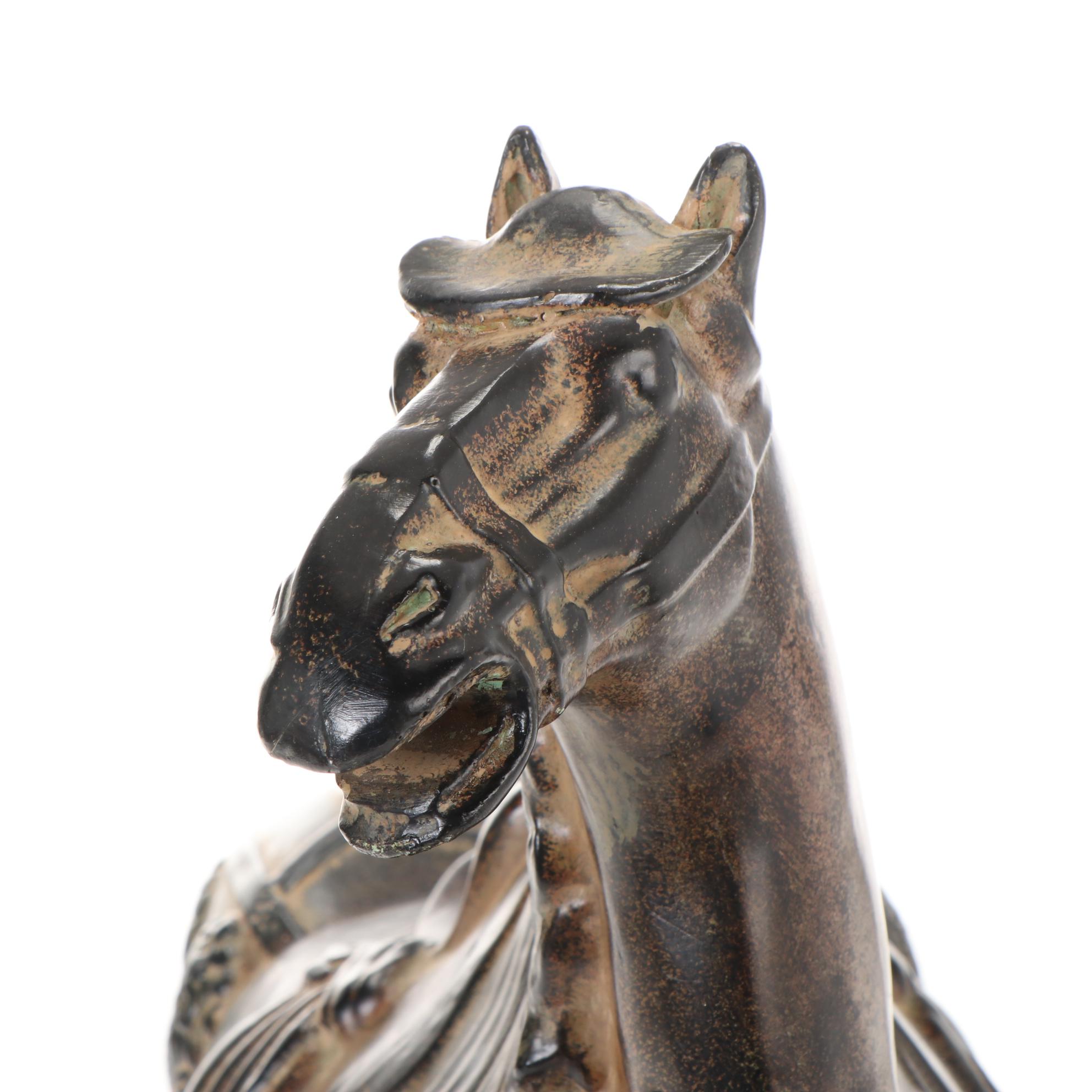 Patinated Tang Style Horse Table Lamp with Ultrasuede Lamp Shade