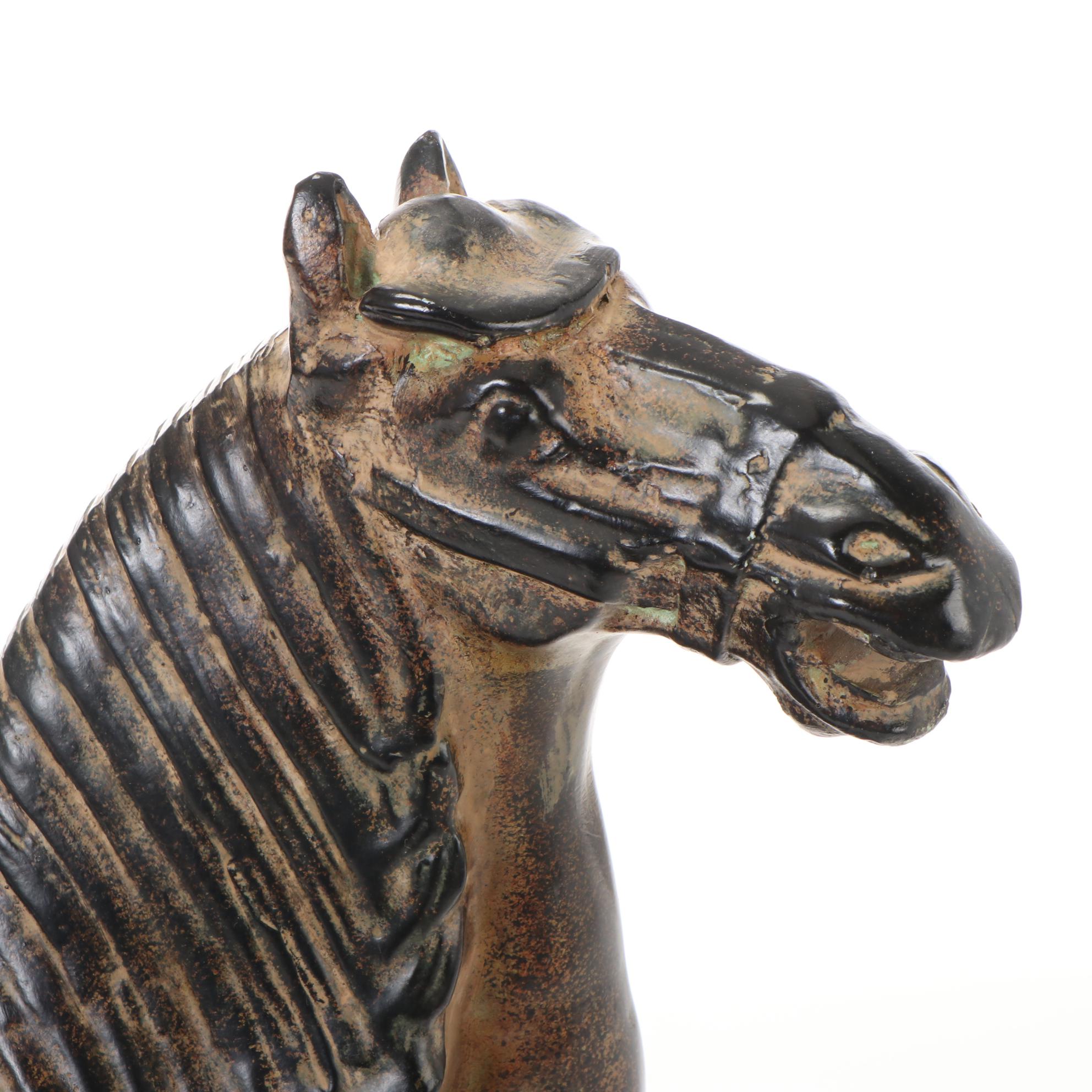 Patinated Tang Style Horse Table Lamp with Ultrasuede Lamp Shade