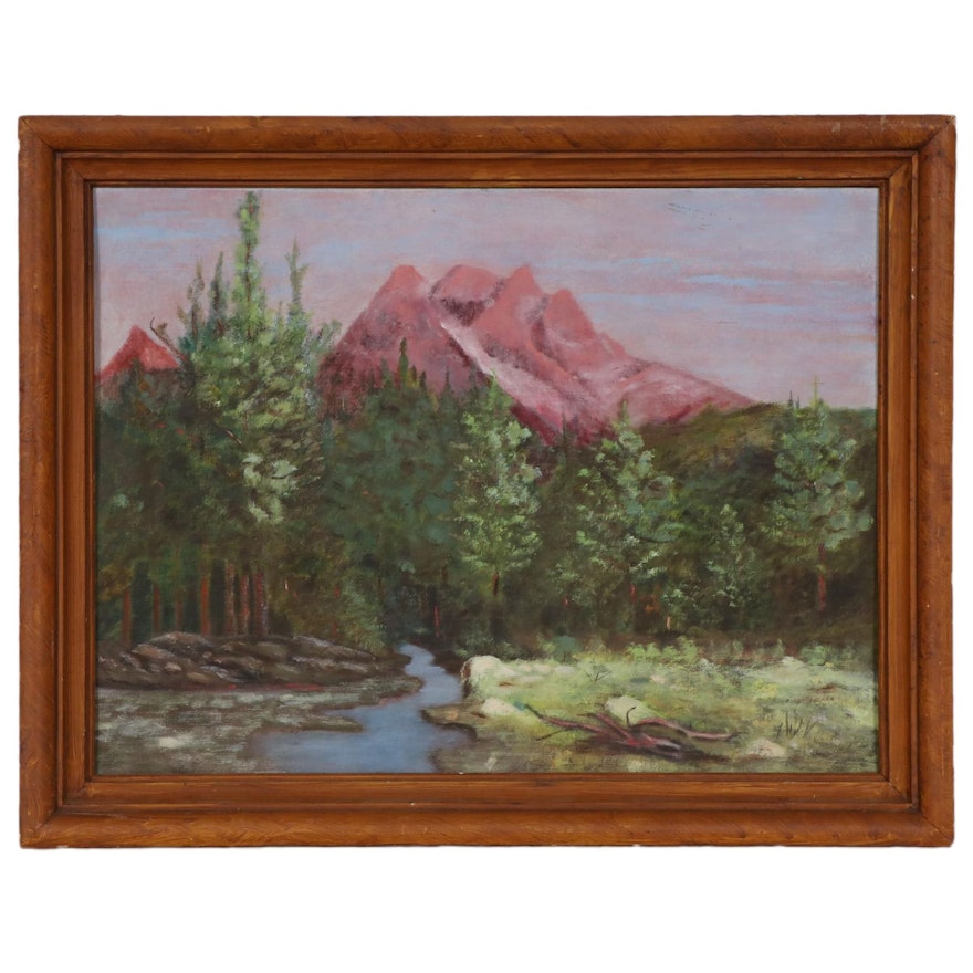 Mountain Landscape Oil Painting, Late 20th Century