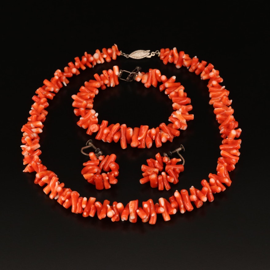 Sterling Coral Necklace, Bracelet and Non-Pierced Earrings and Box