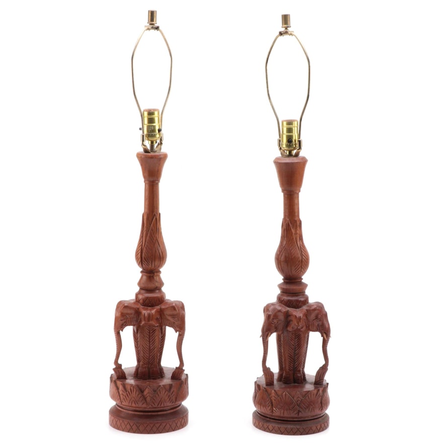 Pair of Asian Carved Teak Elephant Head Table Lamps, Mid/Late 20th Century