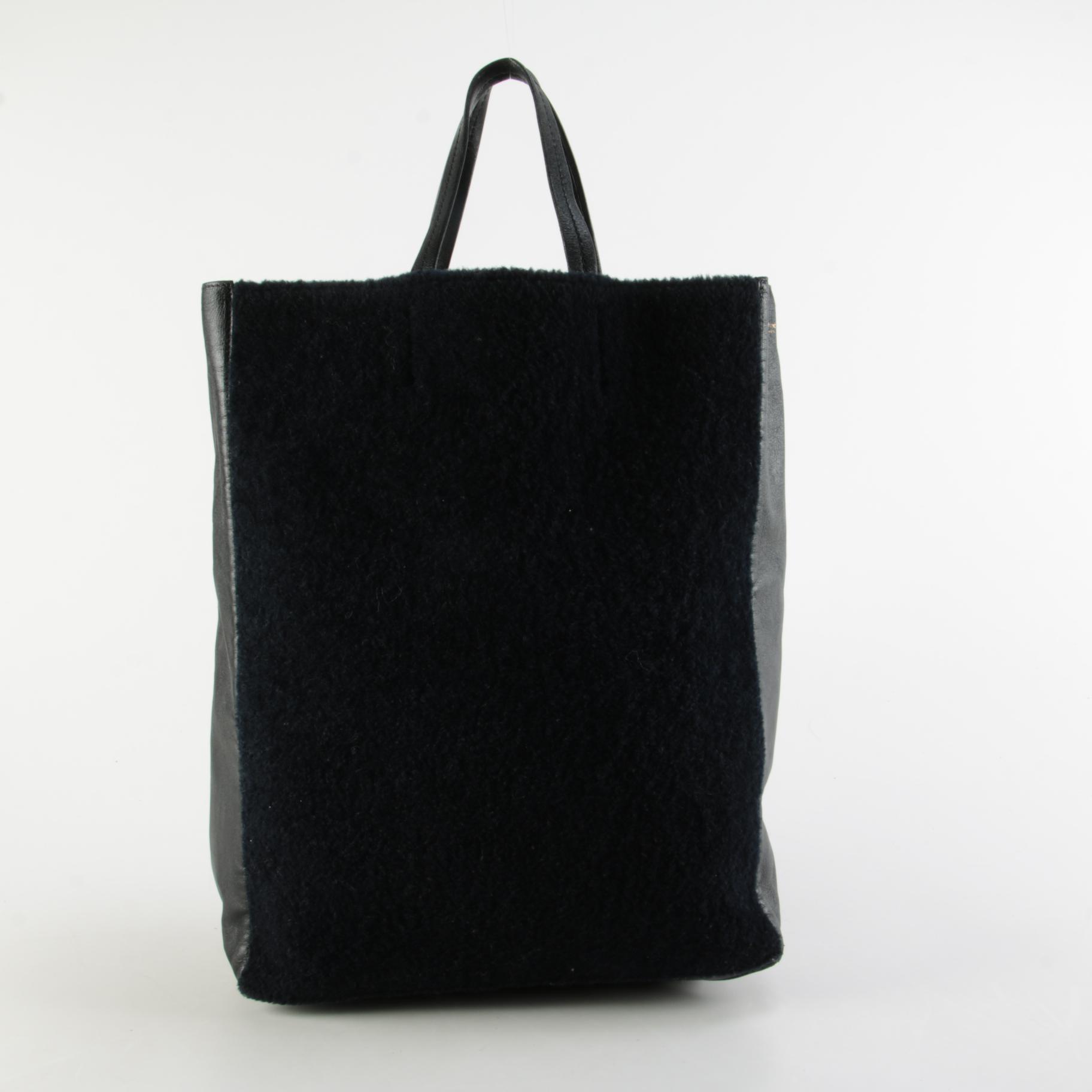Céline Vertical Cabas Tote Bag in Black Leather and Dyed Shearling Fur