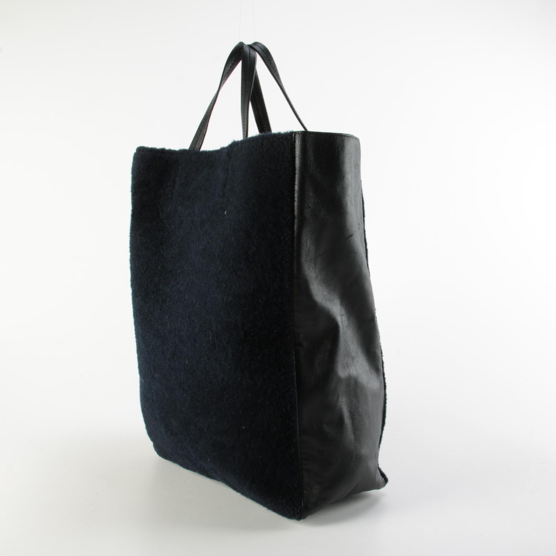 Céline Vertical Cabas Tote Bag in Black Leather and Dyed Shearling Fur